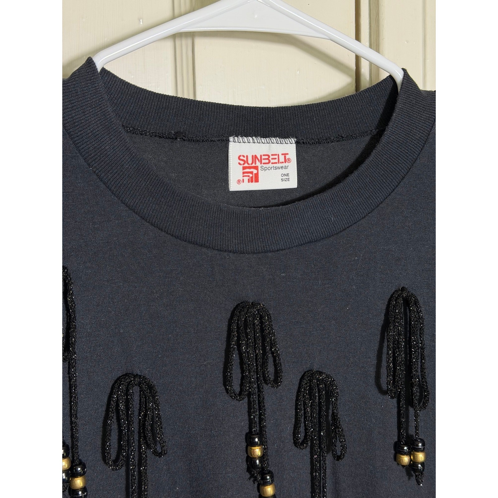 Vintage Sunbelt Sportswear Black Beaded Fringe Oversized Tee One Size USA