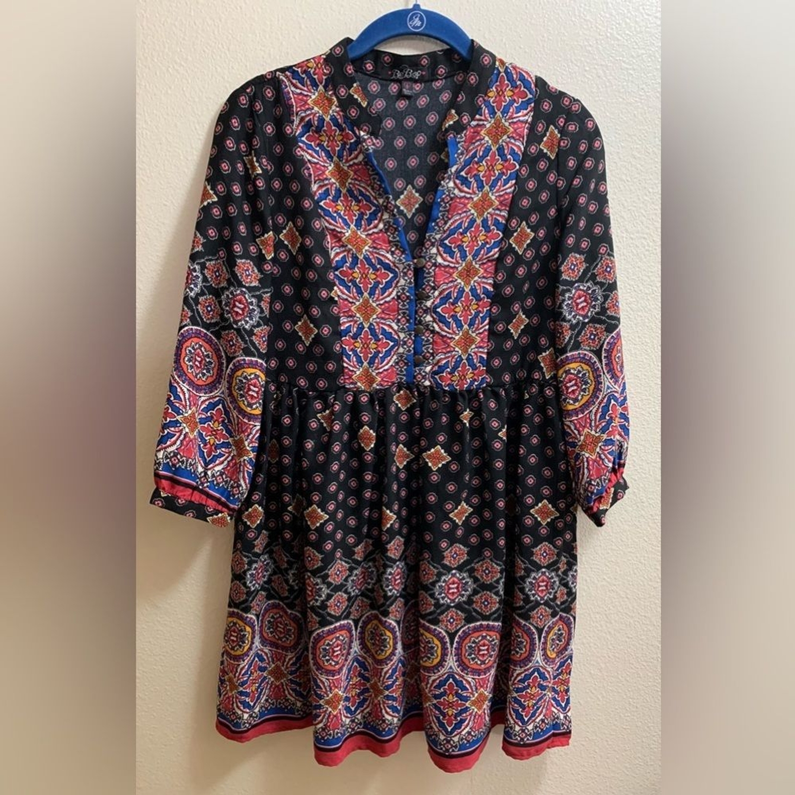 BeBop Bohemian Peasant Tunic Top Small-Antique Look Buttons.Blue,White,Yellow