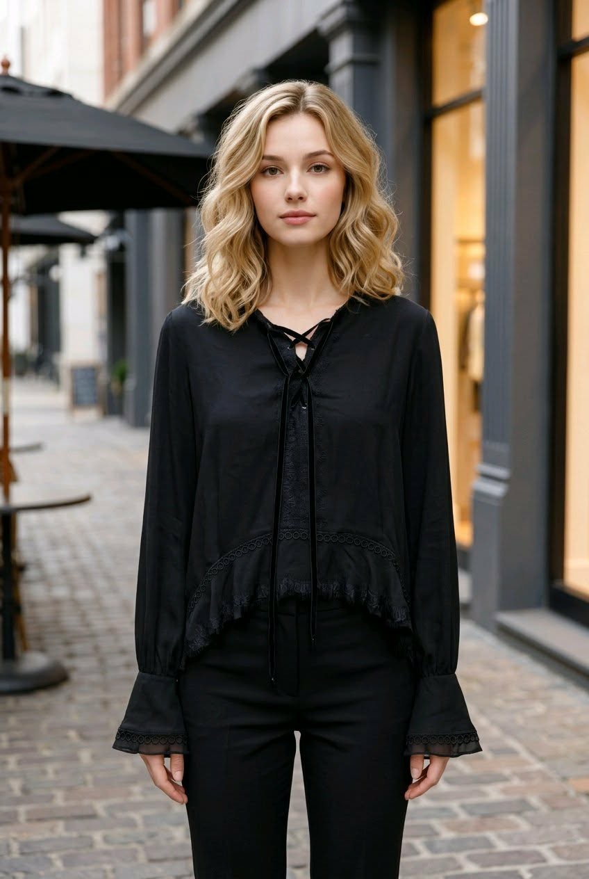 Jonathan Simkhai Black Georgette Lace-Up Soutache Blouse L