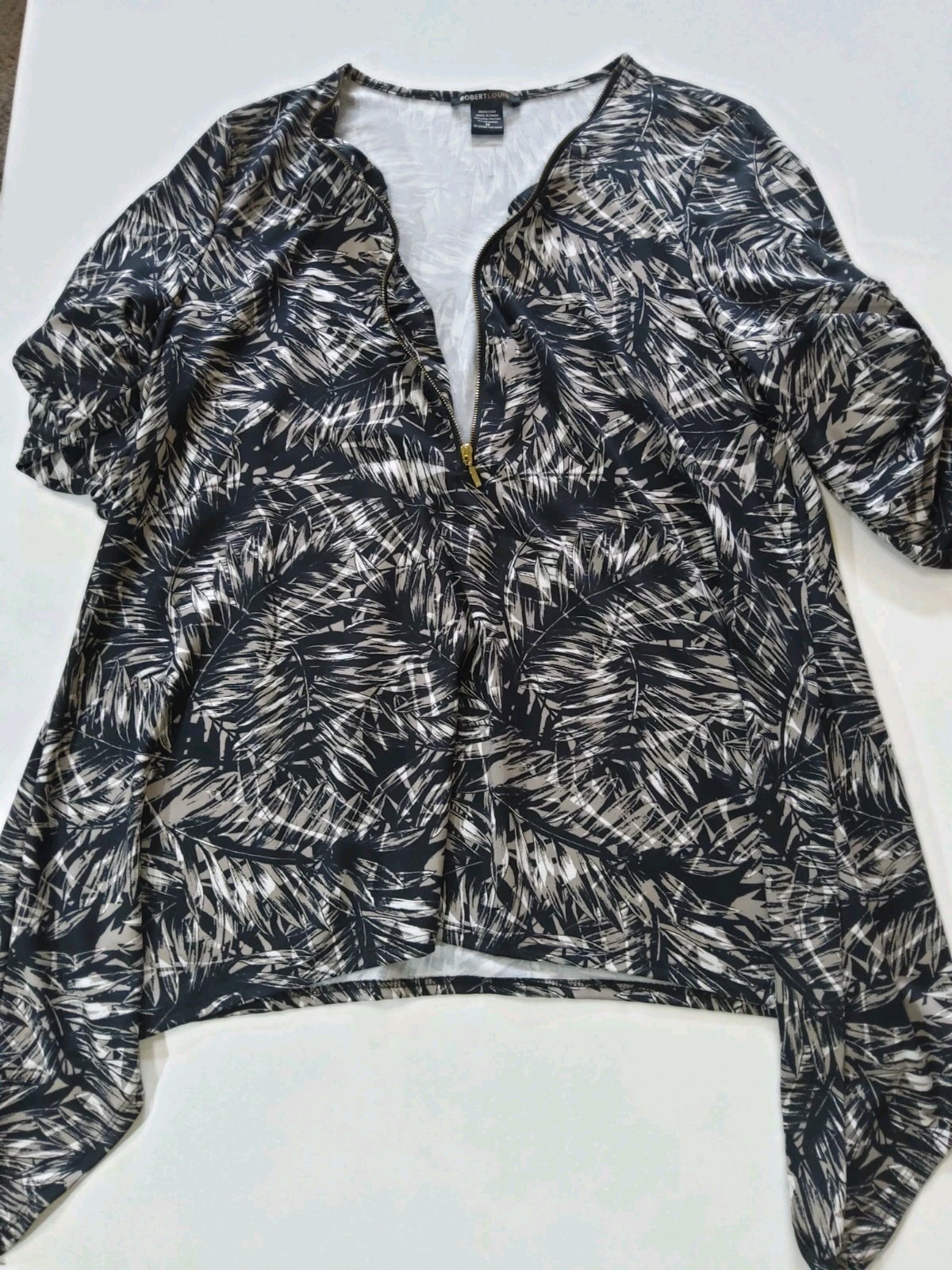 Robert Louis Half Zip Top Womens Medium Black Beige Floral Palm Sharkbite Hem