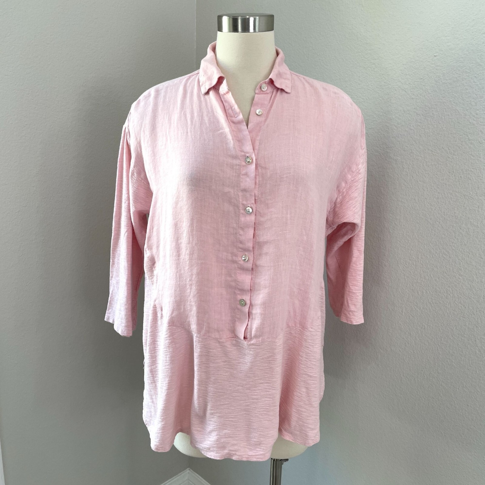 Cut Loose Womens Medium Linen Cotton Blend Button Up Top Pink 3/4 Sleeve