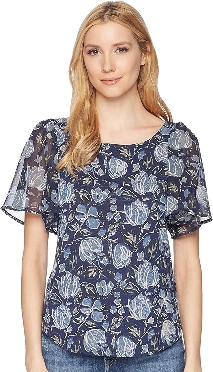 Lucky Brand Floral Blouse Flutter Sleeve Feminine Girly Cottage Boho Easter M