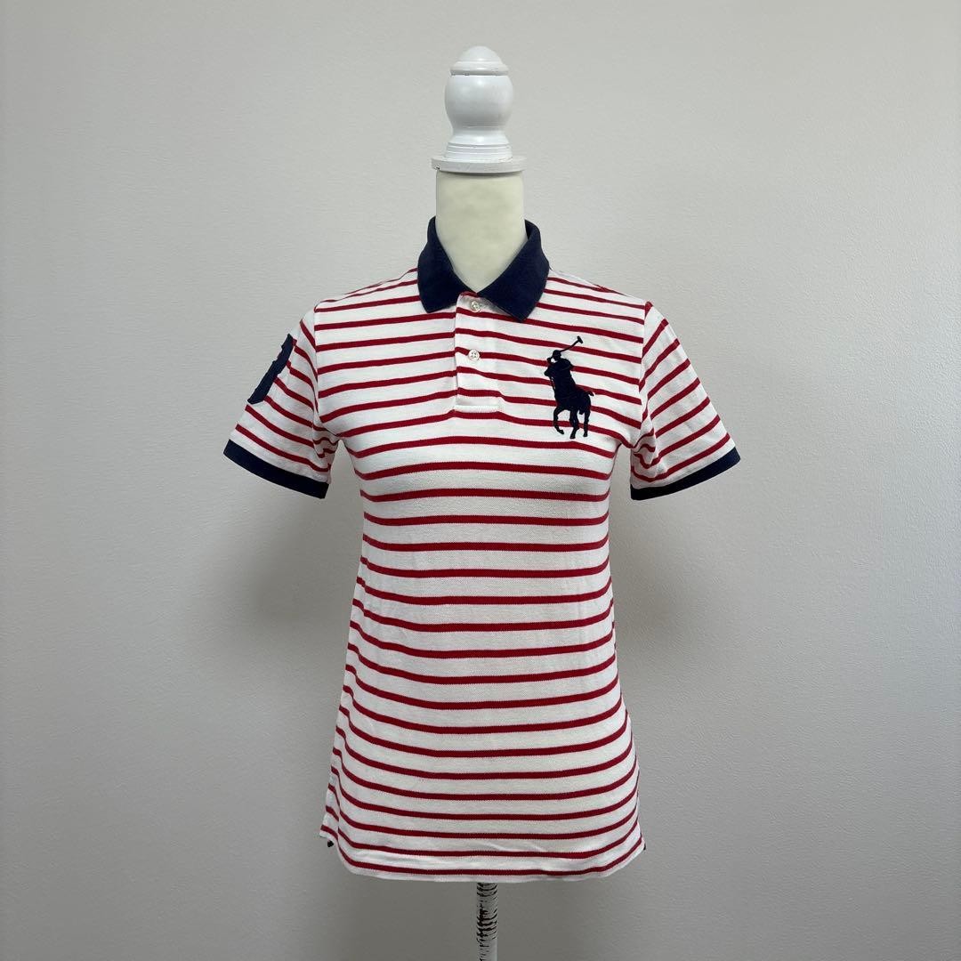 Ralph Lauren POLO Big Pony Border Polo Shirt White Cotton 36/40cm used 14Y+ JAP