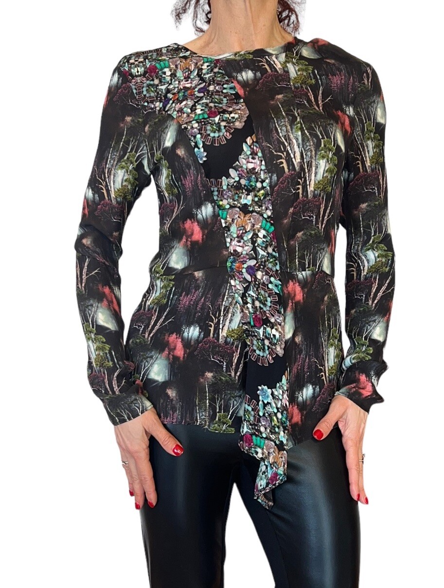 Artelier Nicole Miller GROUND Jewel Gem Print Ruffle Silk Blouse Long Sleeve P