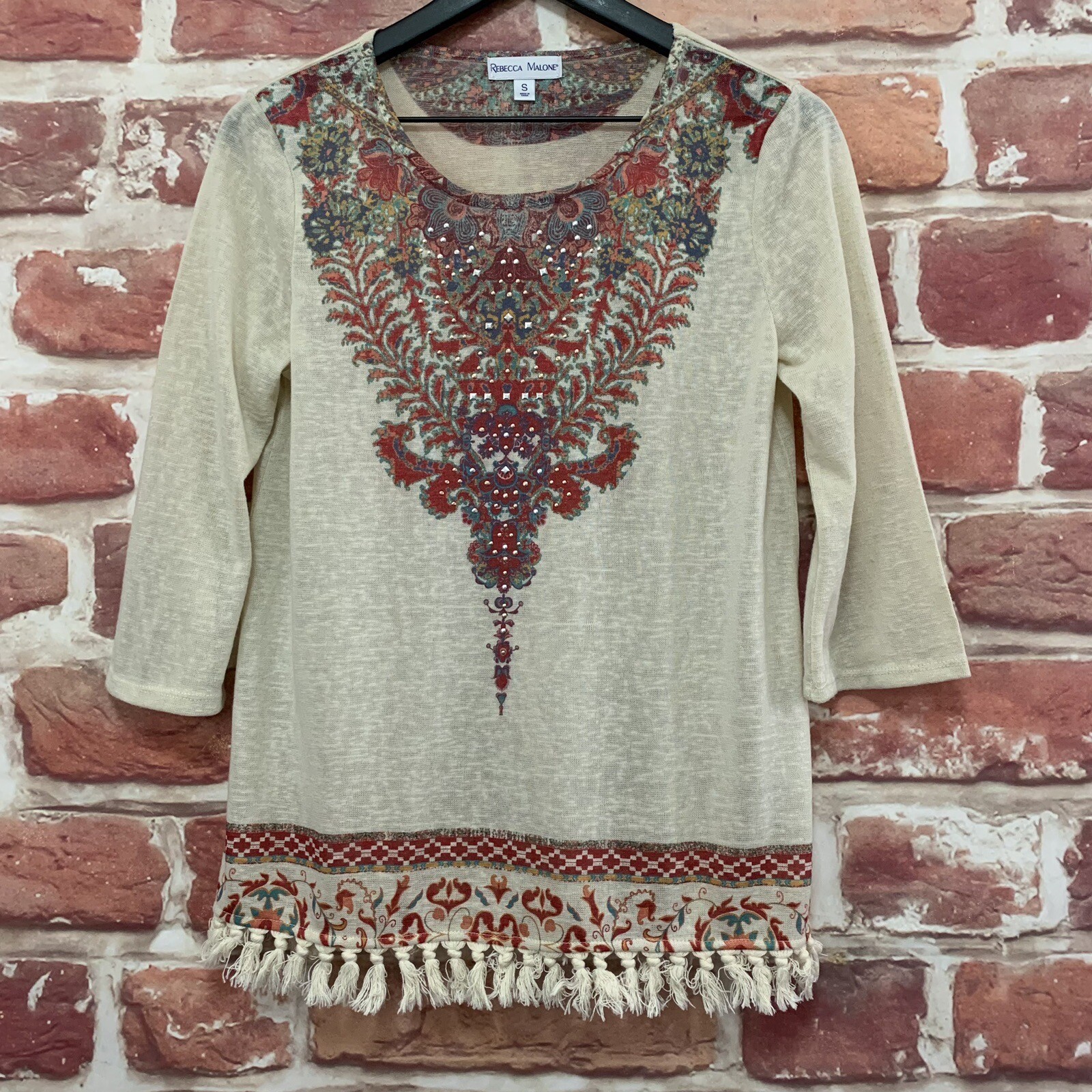 Rebecca Malone Top Womens Small Cream Multicolor Boho Studded Knit Fringe Blouse