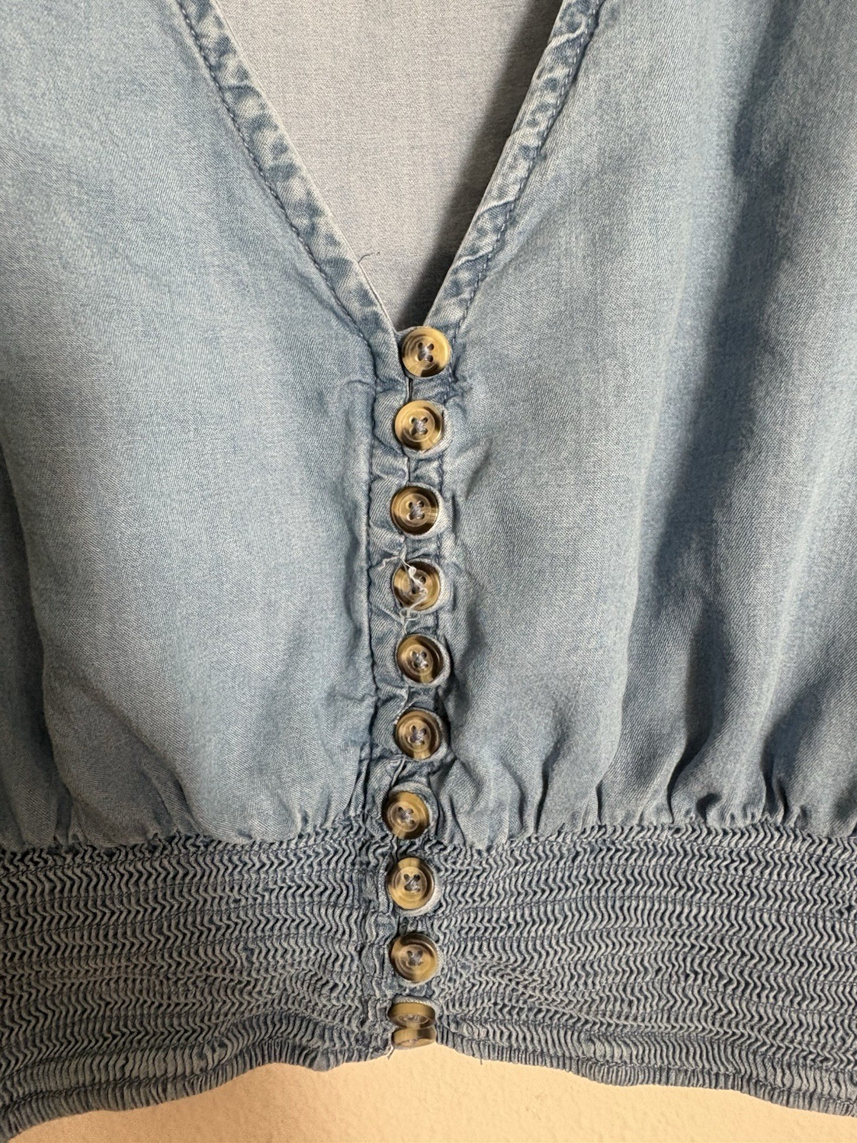 Miss Selfridge Women’s XL Blue Solid Cropped V-Neck Button Bell Sleeve Blouse