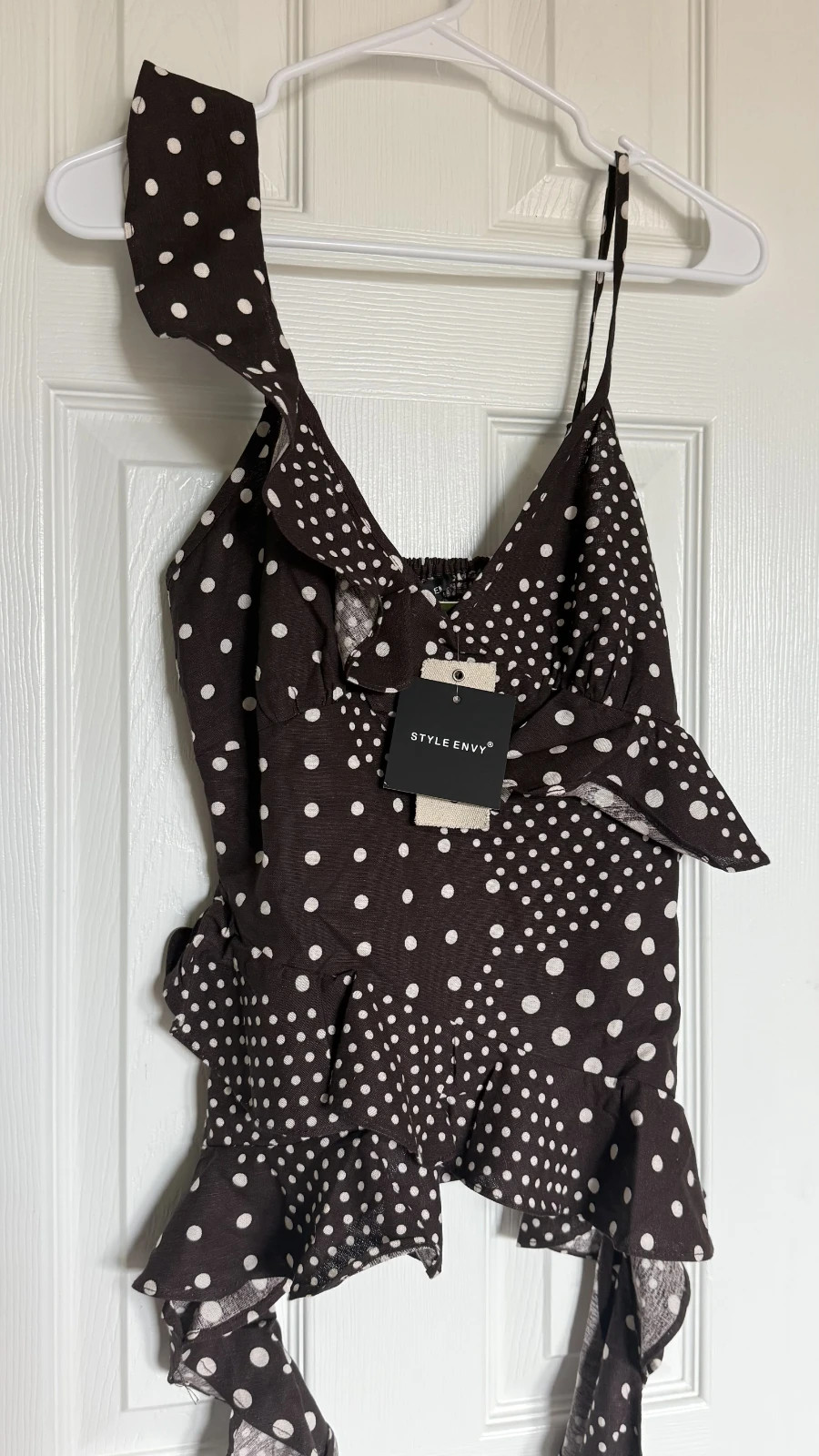 Style Envy Polka Dot Ruffle Camisole Top Brown White S NWT