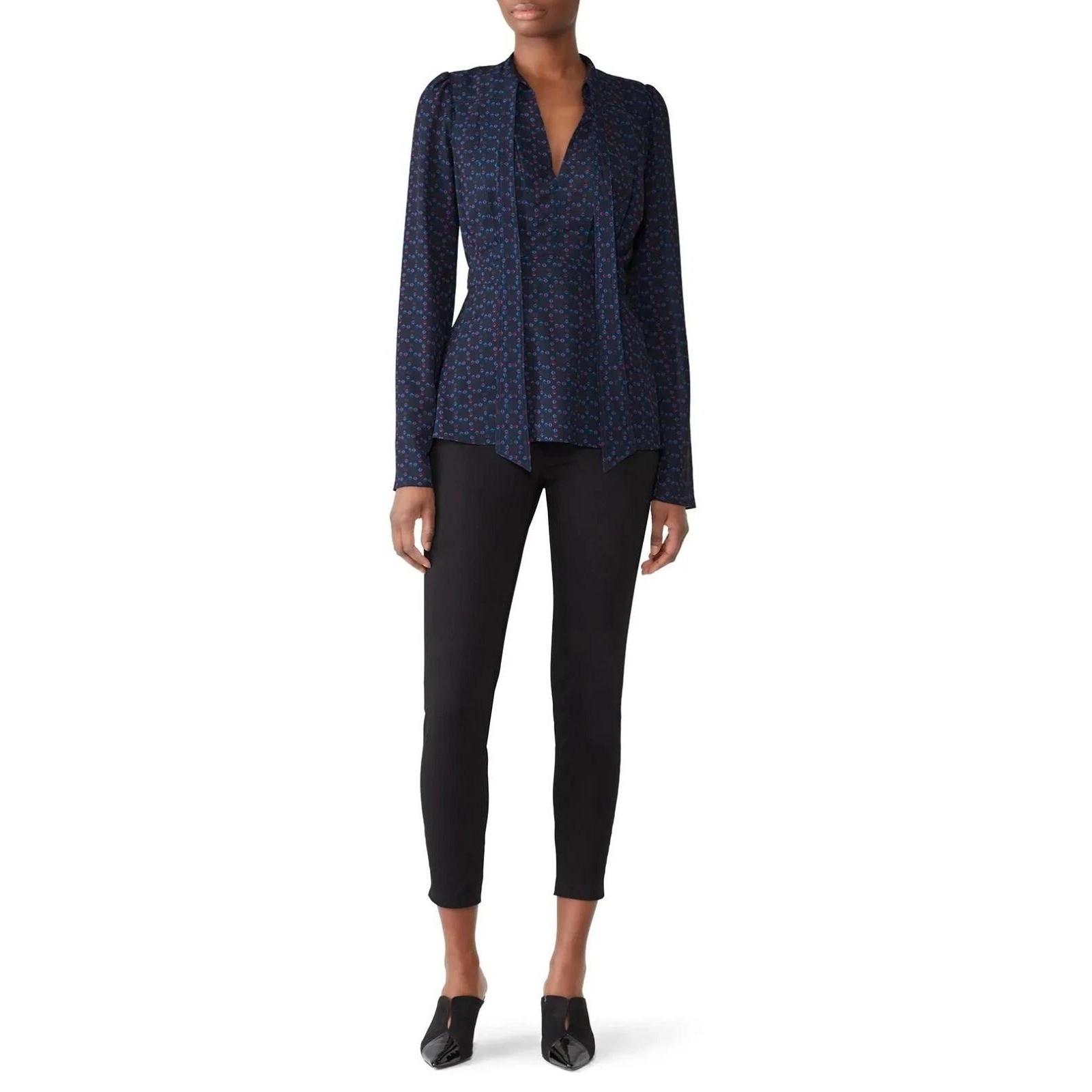 Derek Lam Collective Tie Blouse Womens 6 Blue Geometric Print Sheer Luxury Chic