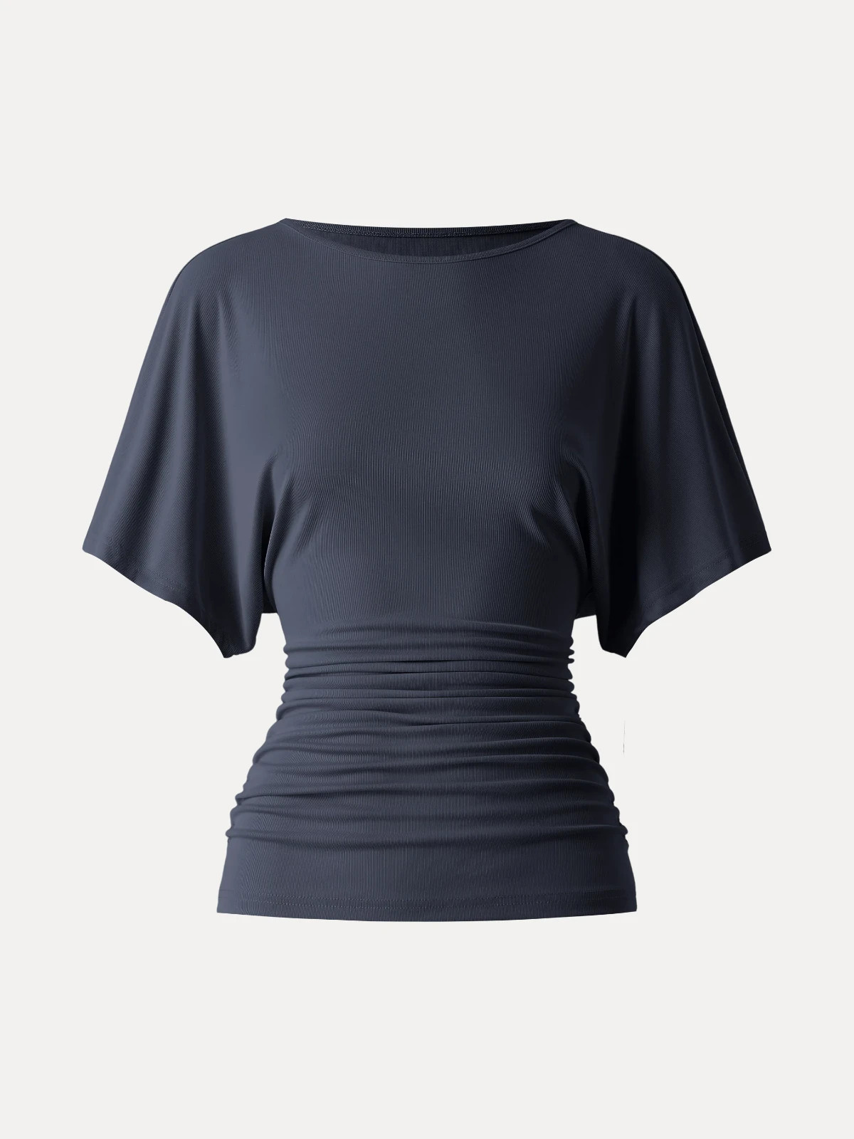 Women’s Boat Neck Batwing Sleeve Ruched Casual Blouse Stretch Top, Deep Navy