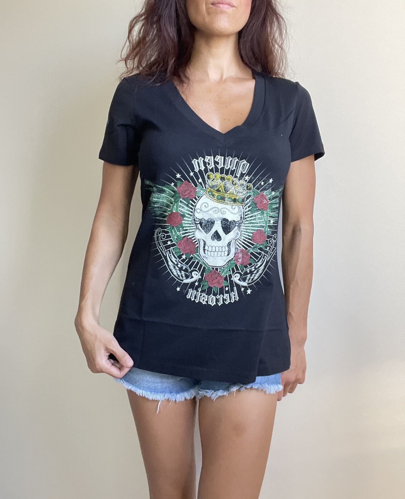 Timeless Clothing Women’s skull tattoo art design V Neck Tee