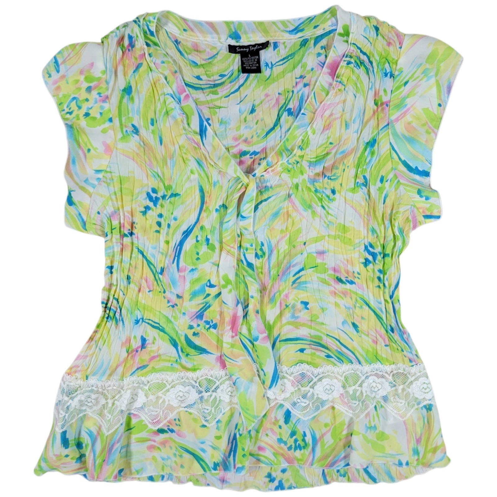 Y2K Sunny Taylor Blouse Womens L Green Abstract Lace Colorful Garden Party Top