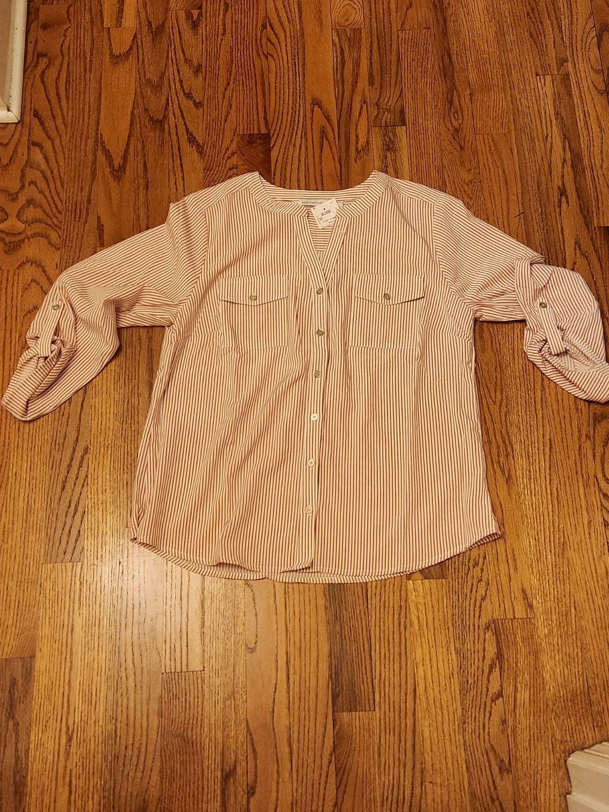 NWT Womens Notations Shirt Blouse Top Large Stripe Mauve Pink White 3/4 Sleeves