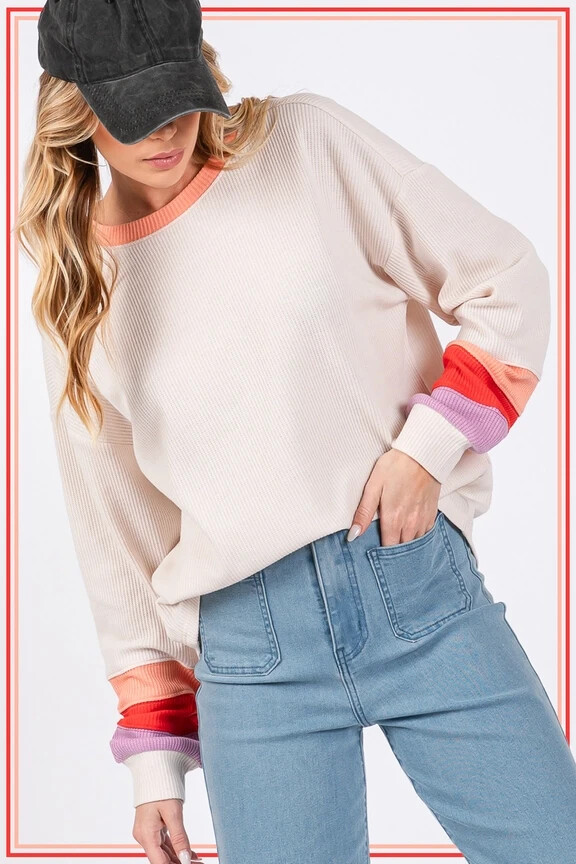 SAGE & FIG CASUAL COLORBLOCK RAGLAN SLEEVE TOP SAND ST-7271- SIZE LARGE