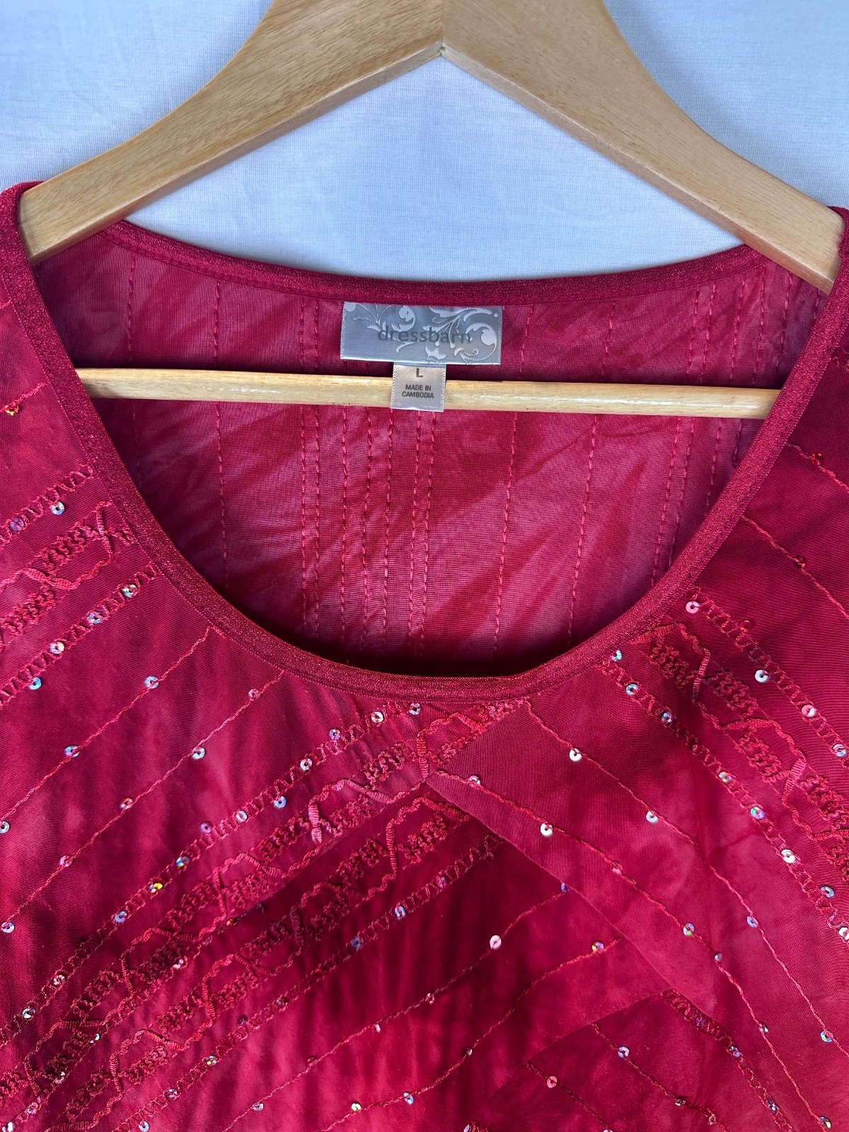 Dressbarn Size L Red Sequin Blouse Sheer 3/4 Sleeve Embellished Y2K Holiday Top