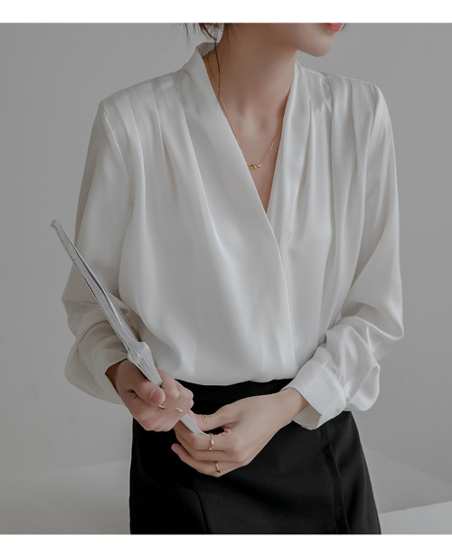 Womens Long Sleeve Shirt Silk Stain V-Neck French Office Lady Summer Blouse Tops