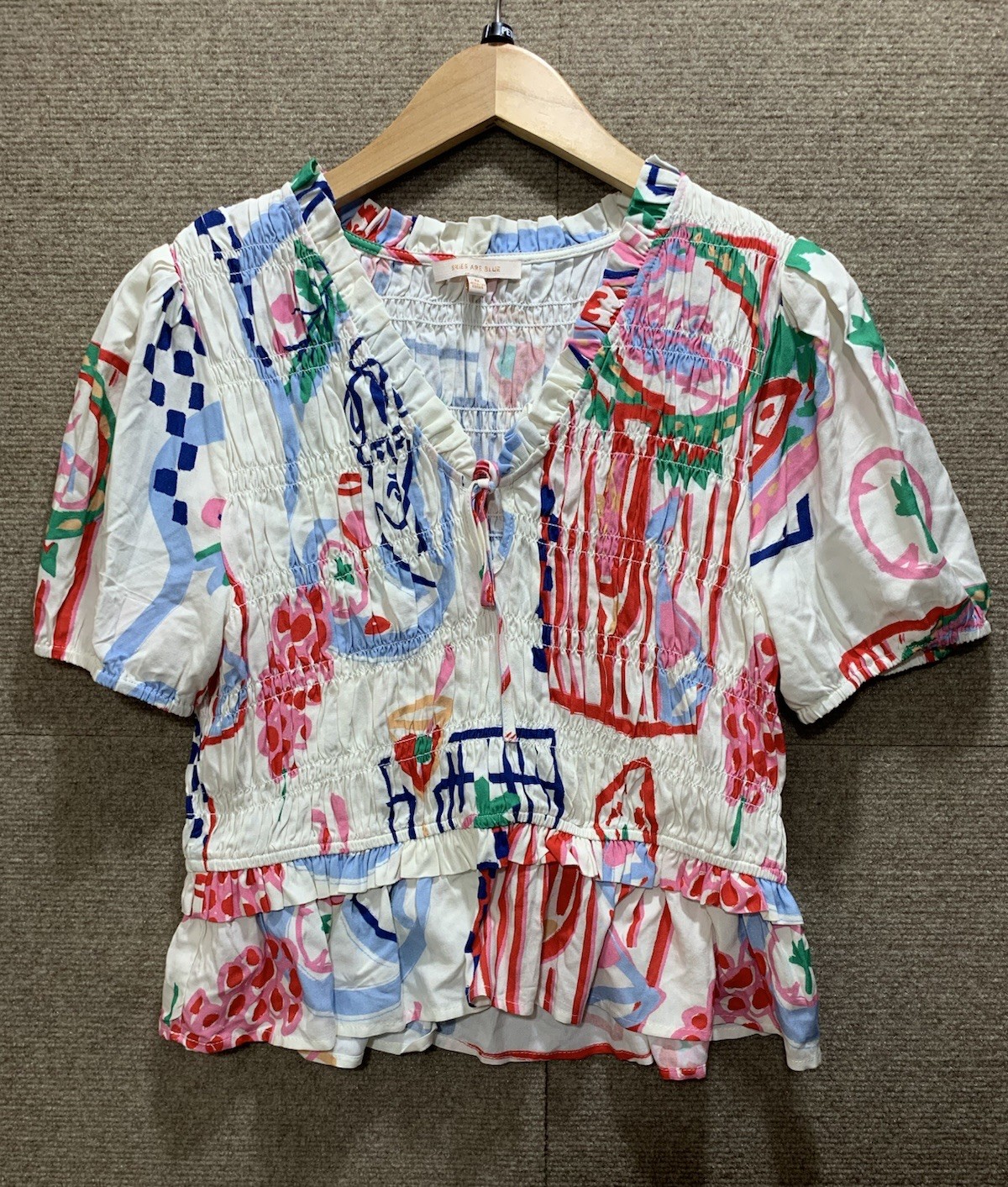 Skies Are Blue Smocked Babydoll Top Peplum Boho Abstract Artsy Eclectic Gauze M
