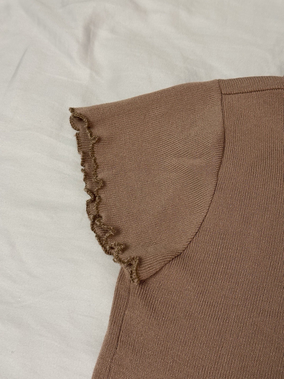 Women’s Brown Ribbed Knit Cropped Blouse Collared Button Front Cap Sleeve XS