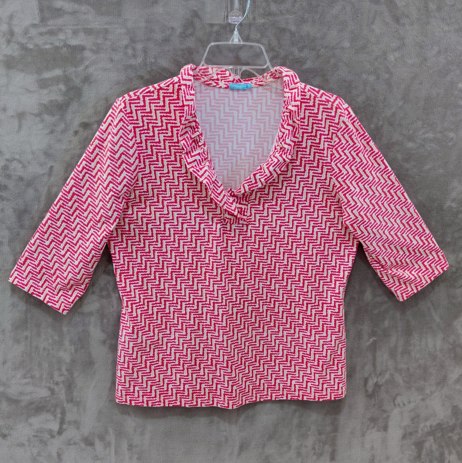 J McLaughlin Durham Catalina Cloth Ruffle Neck Top Women’s XL Chevron Print Pink