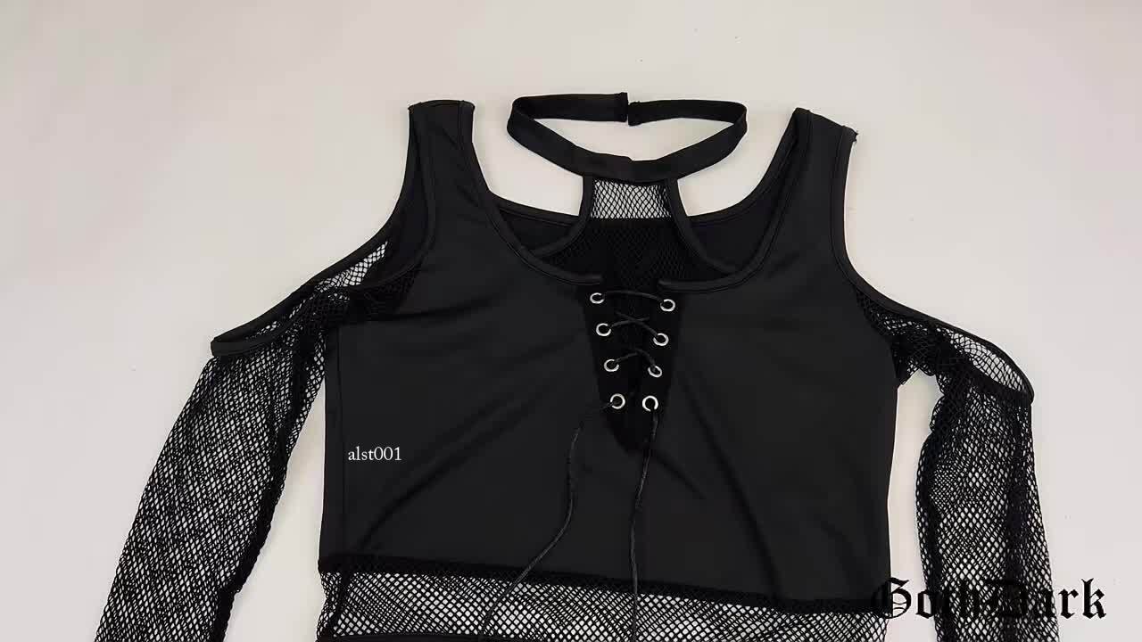 Women SexyT-shirts Mall Gothic Black Bandage Crop Tops Punk Open Shoulder New US
