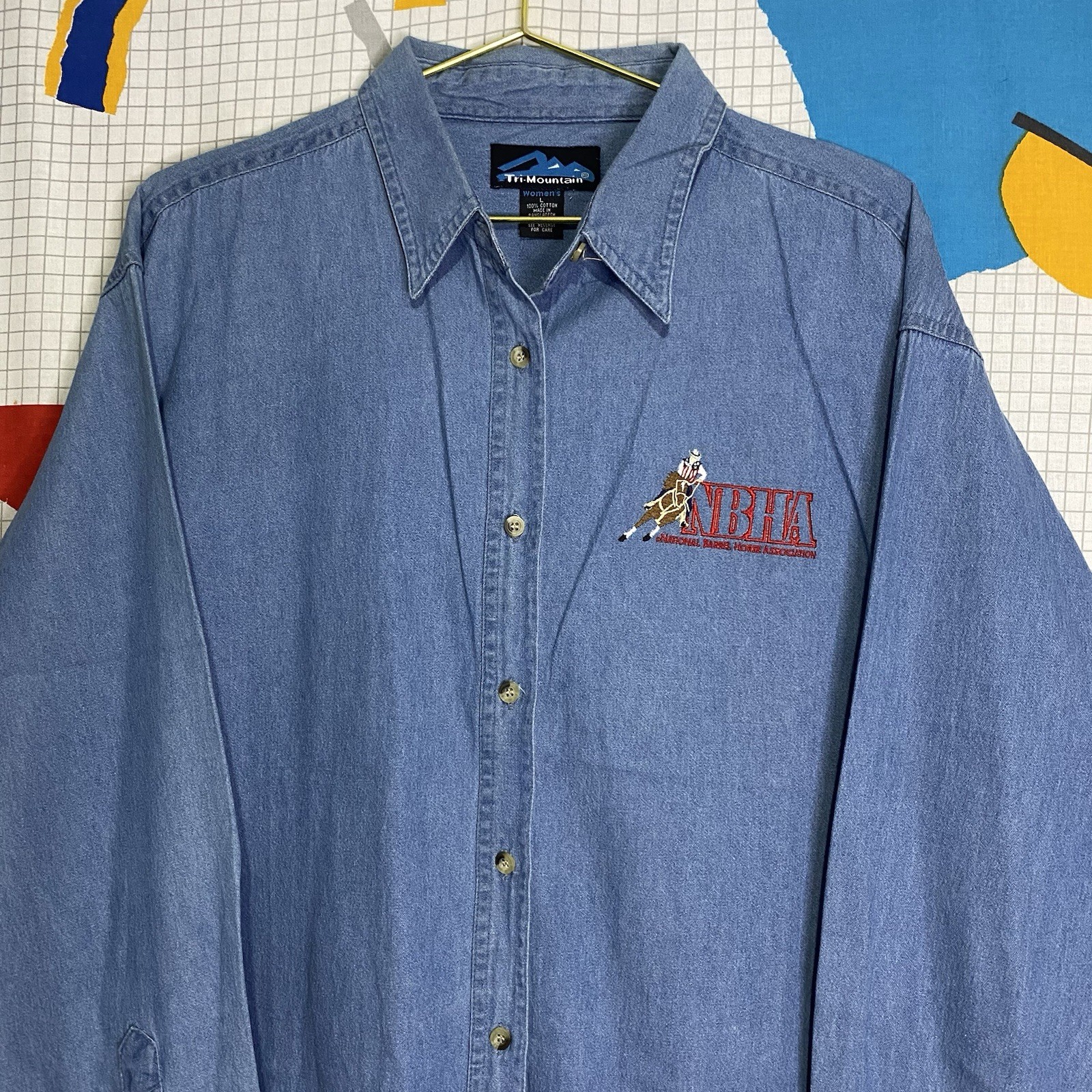 Vintage 90s NBHA Denim Shirt Large National Rodeo Barrel Horse Western Cowboy