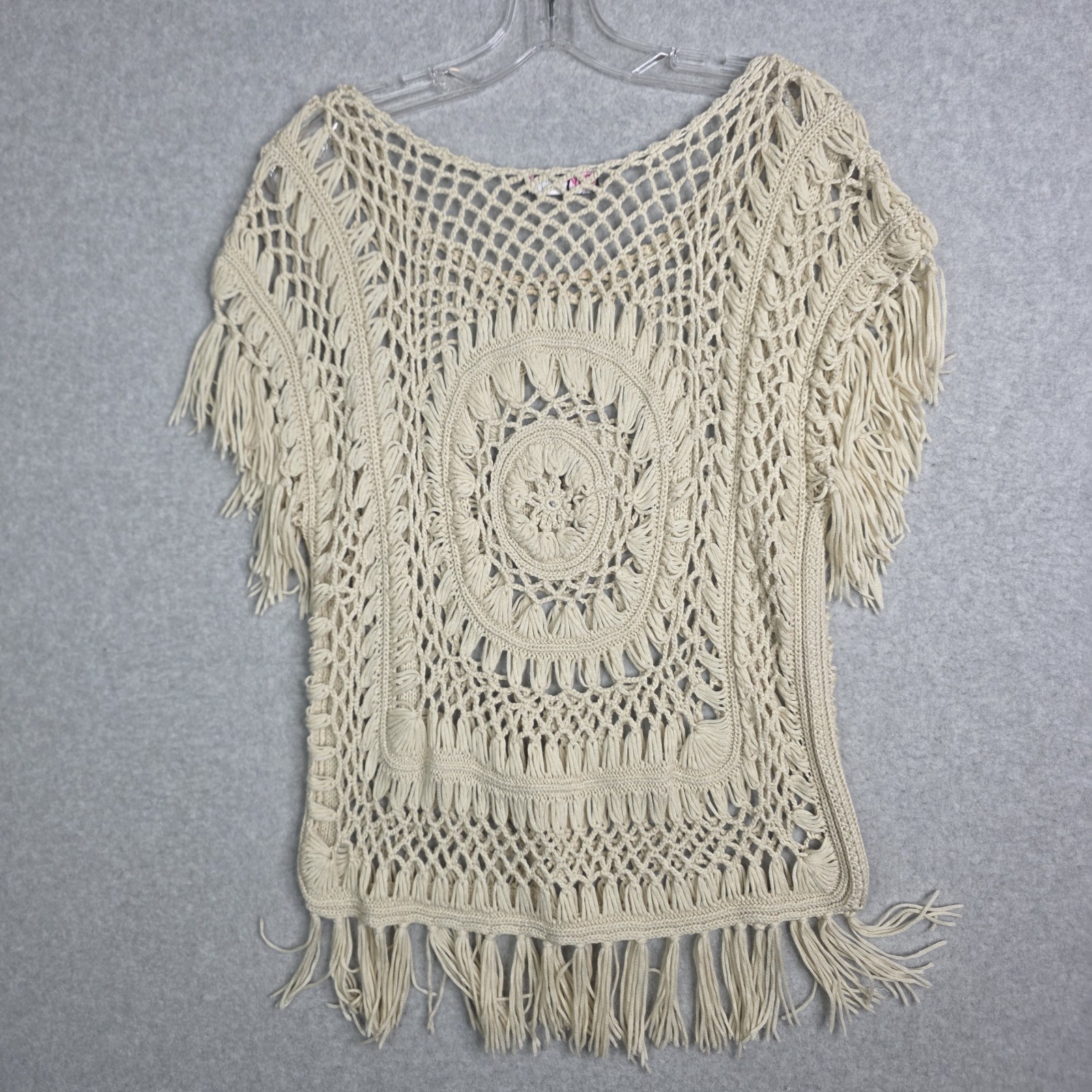 Say What Boho Lace Fringe Top Crochet Festival Western Coachella Peasant Beige M