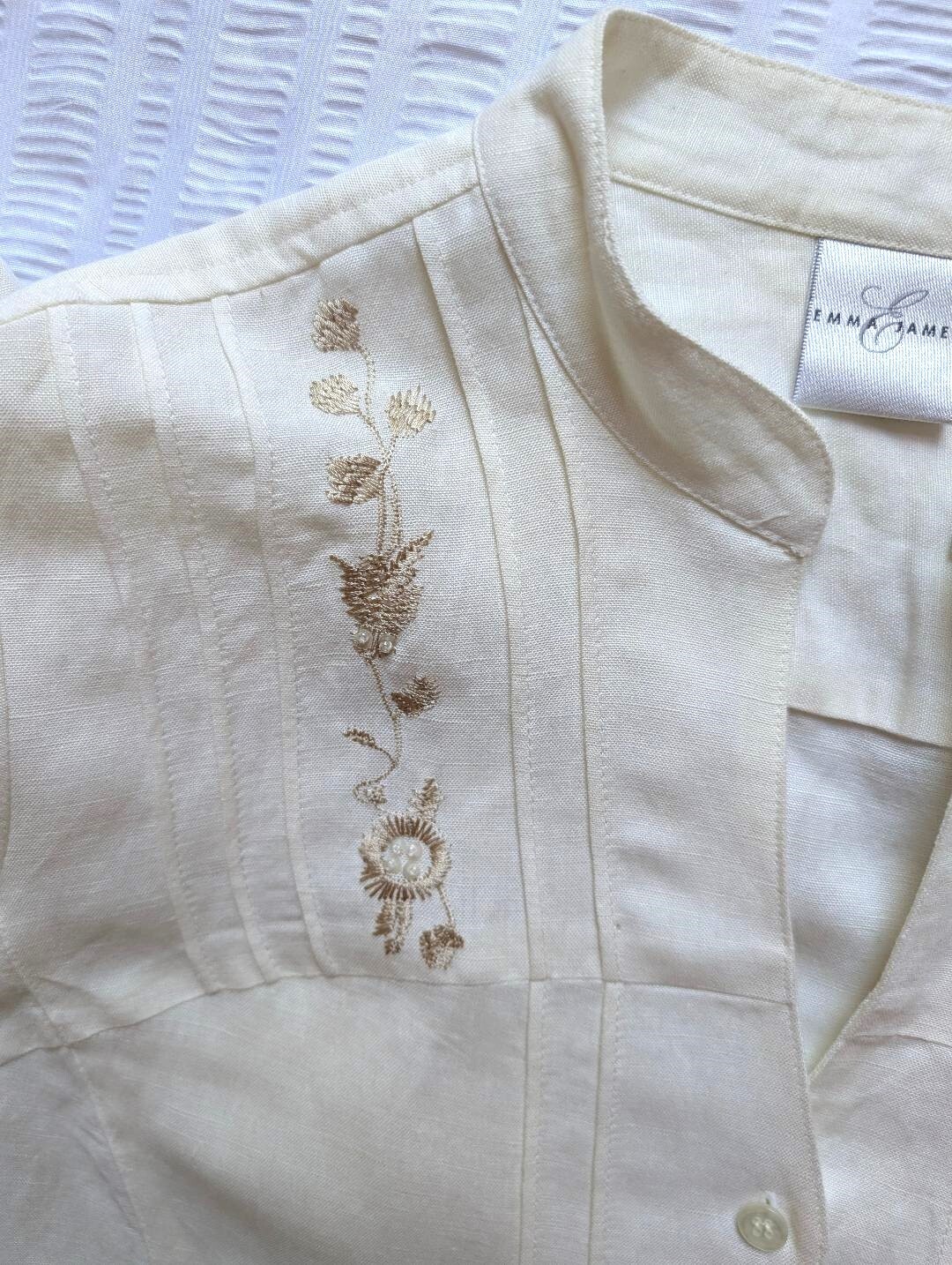 Emma James Linen Blend Shirt Womens Size 8 Embroidery 3/4 Sleeve Buttoned Up