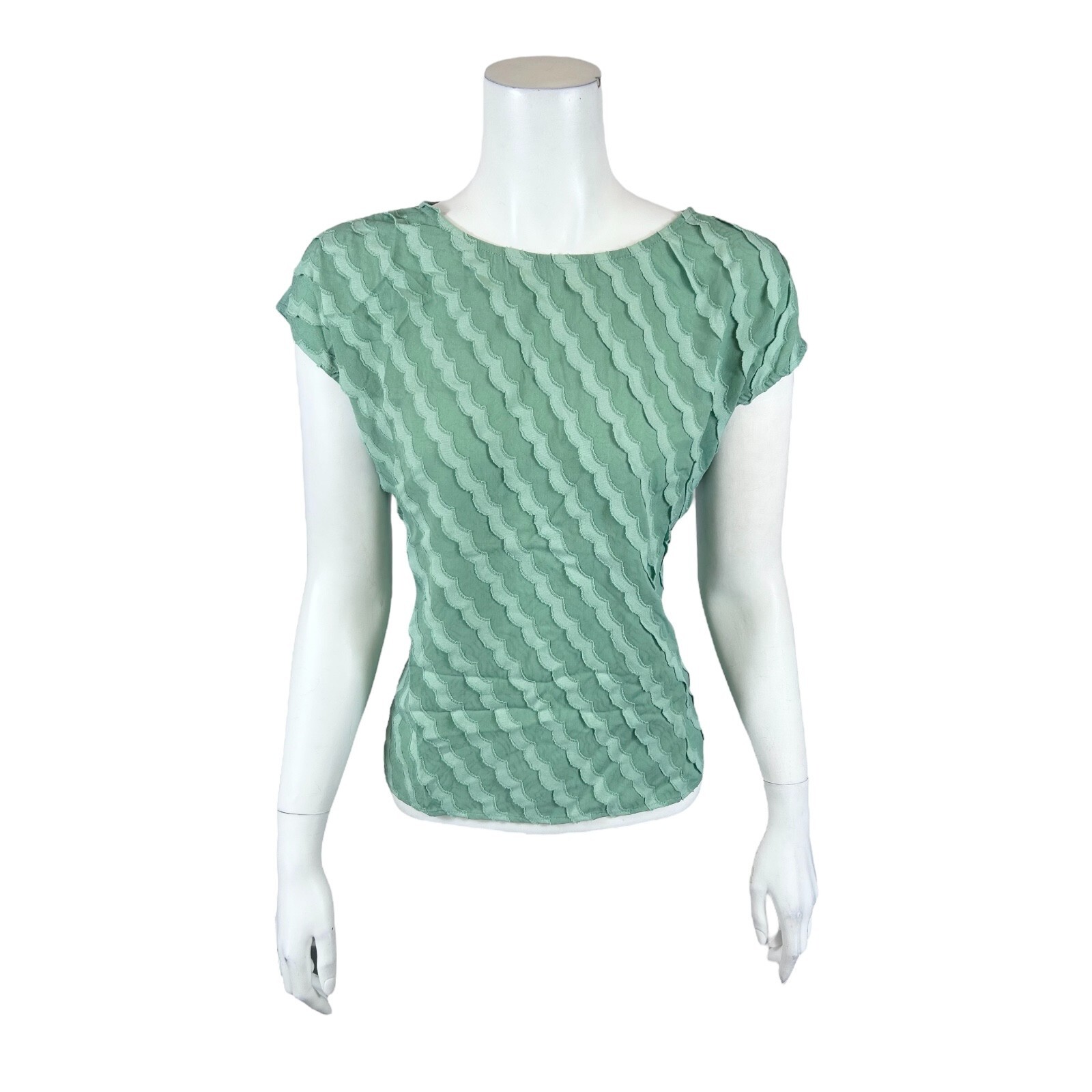 Vince Camuto Cap-Sleeve Clipped Scallop Stripe Blouse Green Bay Medium Size