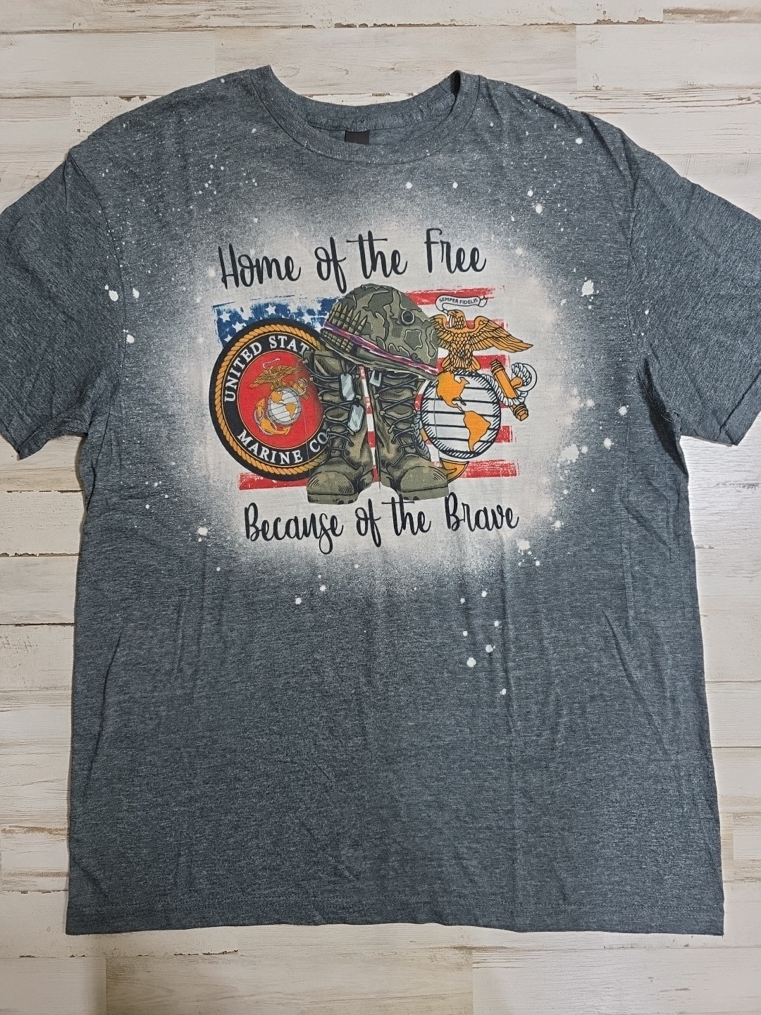 Sz Large “Home of the free because of the brave” Marines TShirt Distressed
