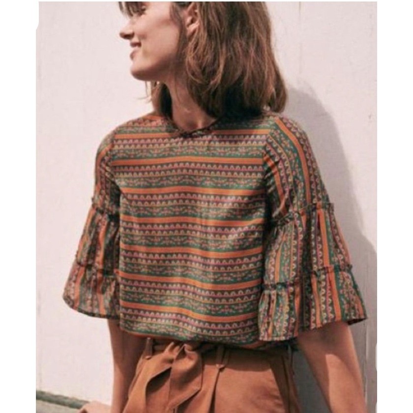 Sézane Ethel Blouse Havana Green Orange Stripes 100% Silk Top Size FR 38 US 6/M