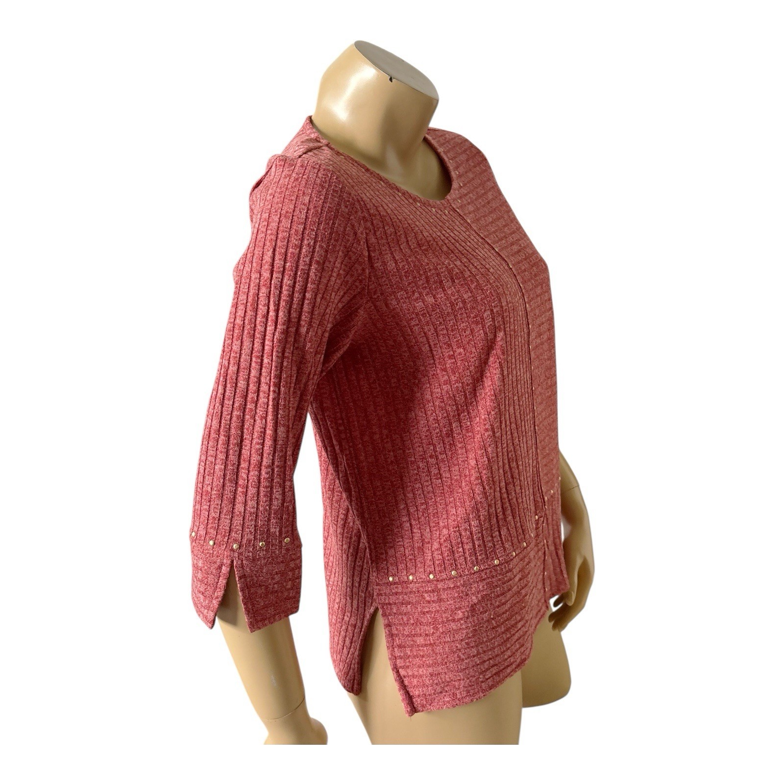 Alfred Dunner Top Womens Petite PM Brick Red Ribbed Studded 3/4 Sleeve Stretch