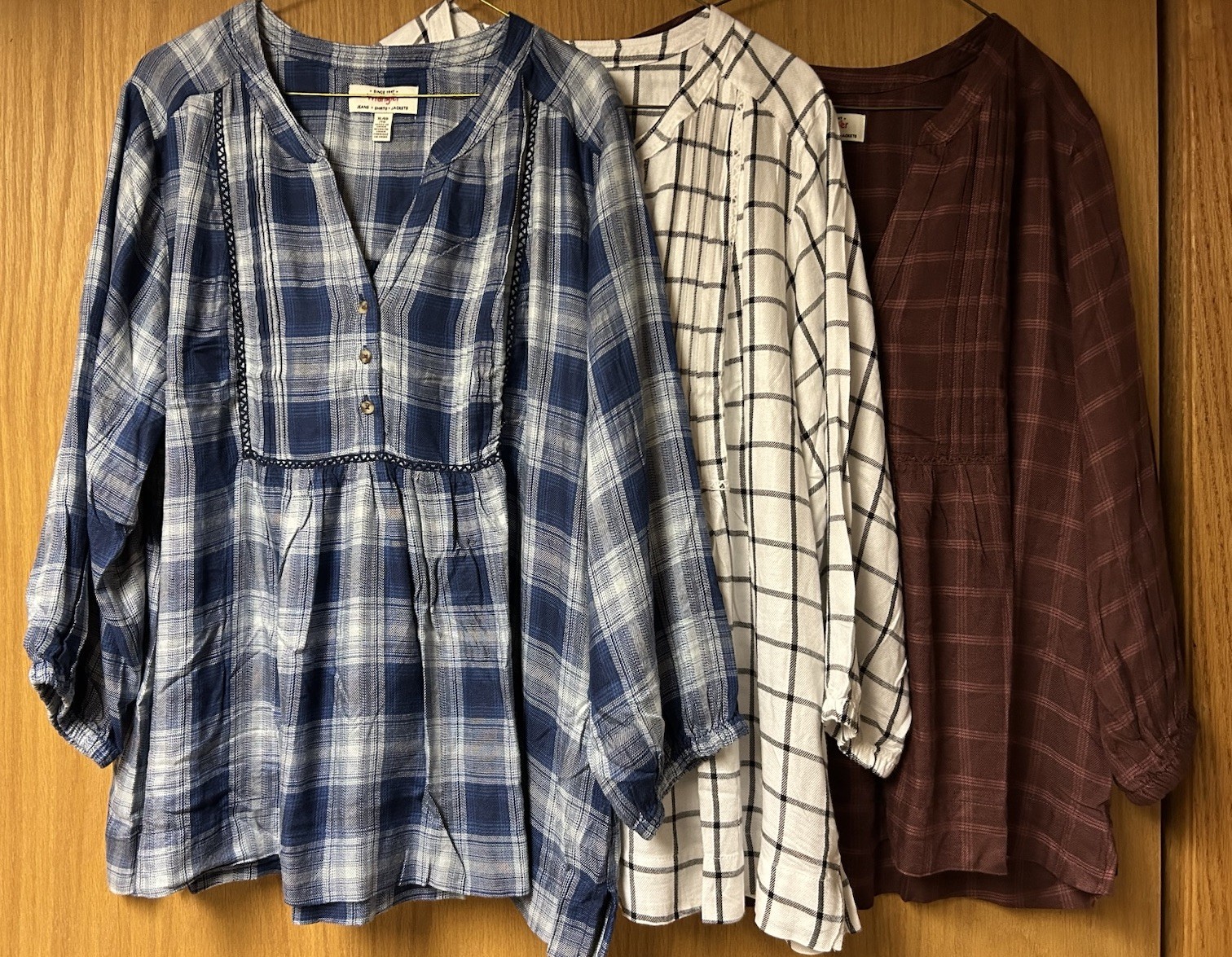 Wrangler Blouse Women XL Babydoll Boho Blue Or Brown Plaid 3/4 Sleeve NWOT Read