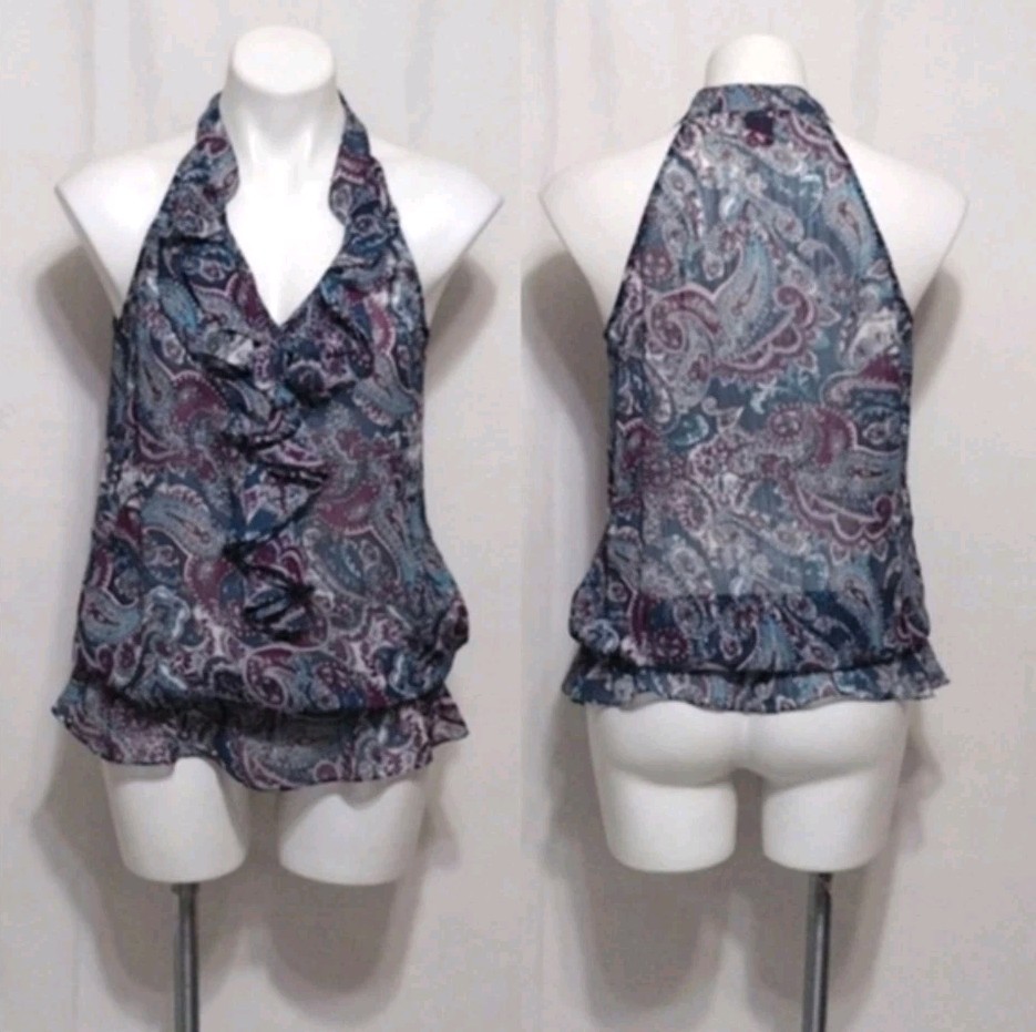 Sunny Leigh Paisley Halter Peplum Tank Top Medium Ruffle Boho Romantic Festival