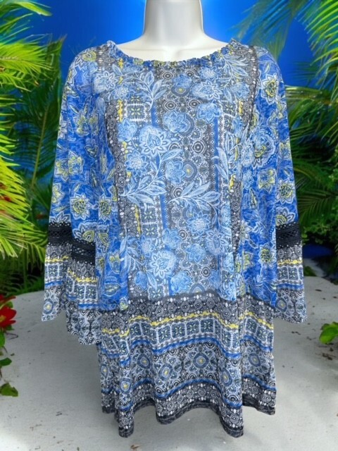 Ruby Rd 1X Top Unique BOHO Lightweight Crochet Ruffles Blue Floral Bell Sleeves