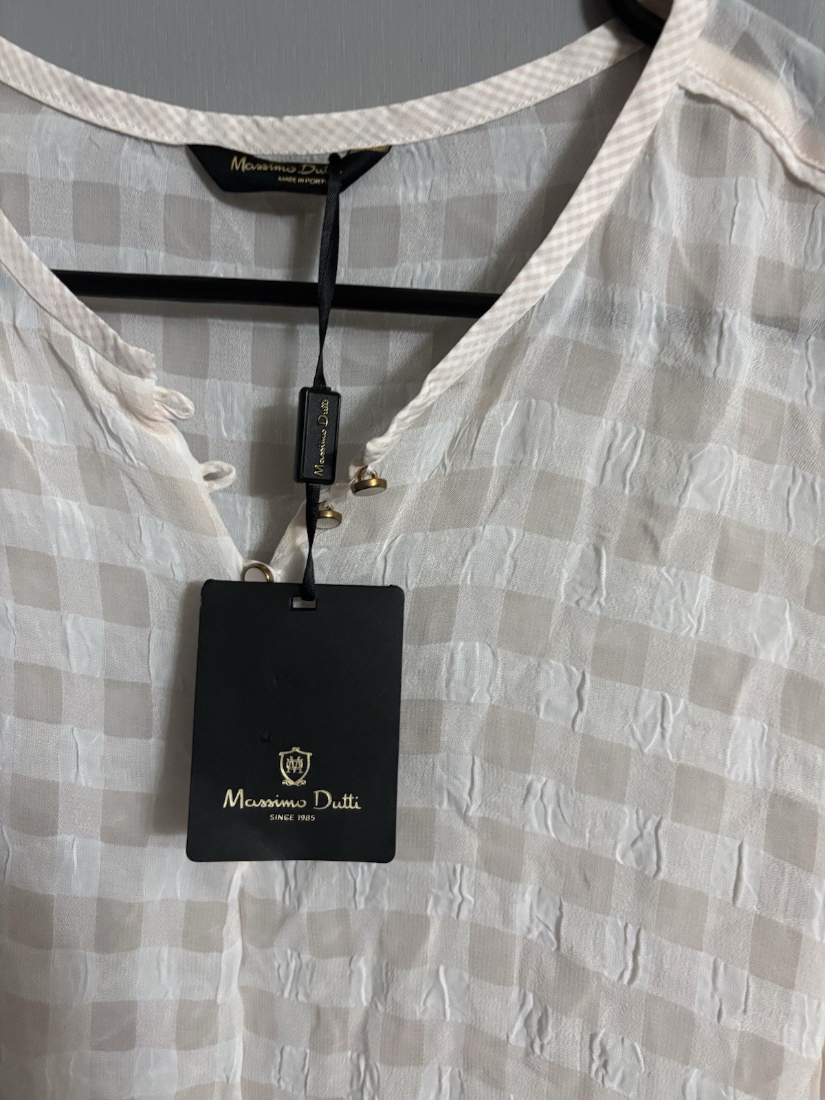 Massimo Dutti Women’s White/Beige Check V-Neck Long Sleeve Blouse Size 4