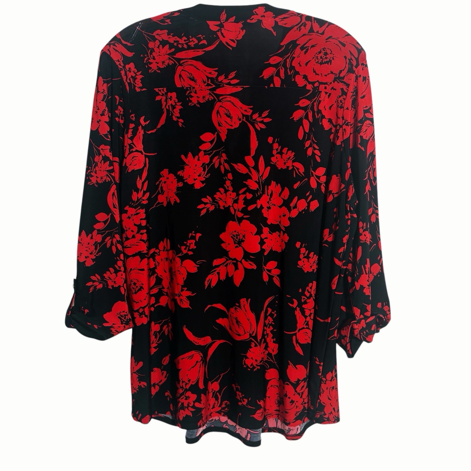 Ava & Grace Women 3/4 Sleeve Roll Tab Floral Blouse Top Black Red Plus Sz 1X