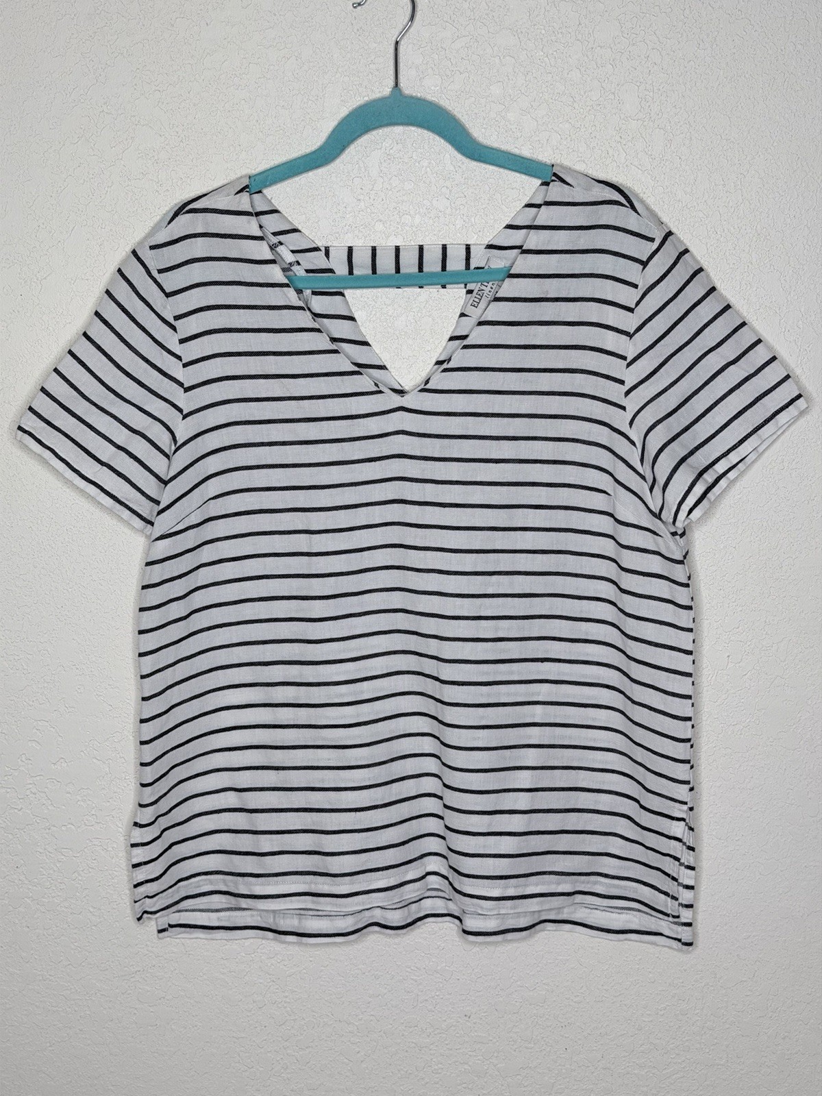 Ellen Tracy Linen Blend Striped Top M Coastal Boho Navy White Vacation Travel