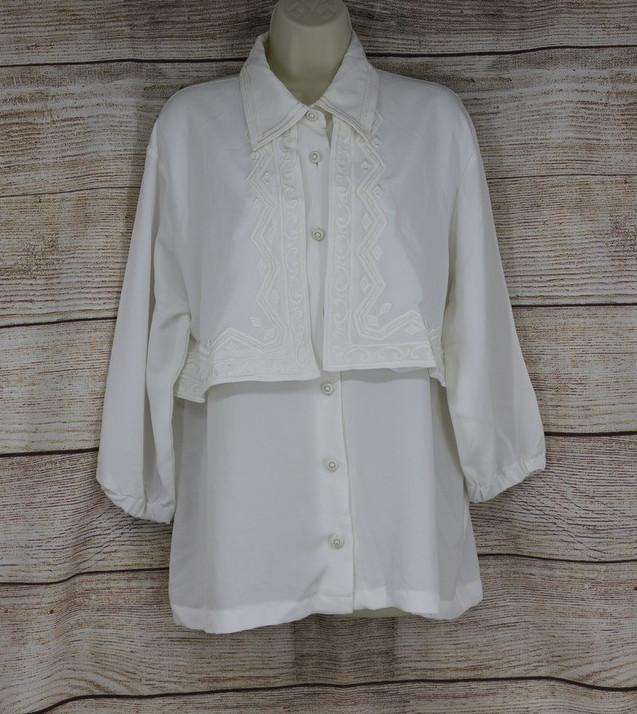 VINTAGE Tess Women Plus Size 1X Button Up Long Sleeve Satin Blouse Shirt White
