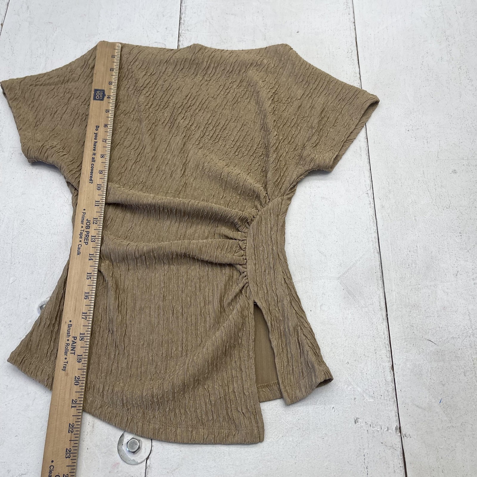 IRIS Blouse Womens Small Brown Boat Neck Short Dolman Sleeve Ruched Top
