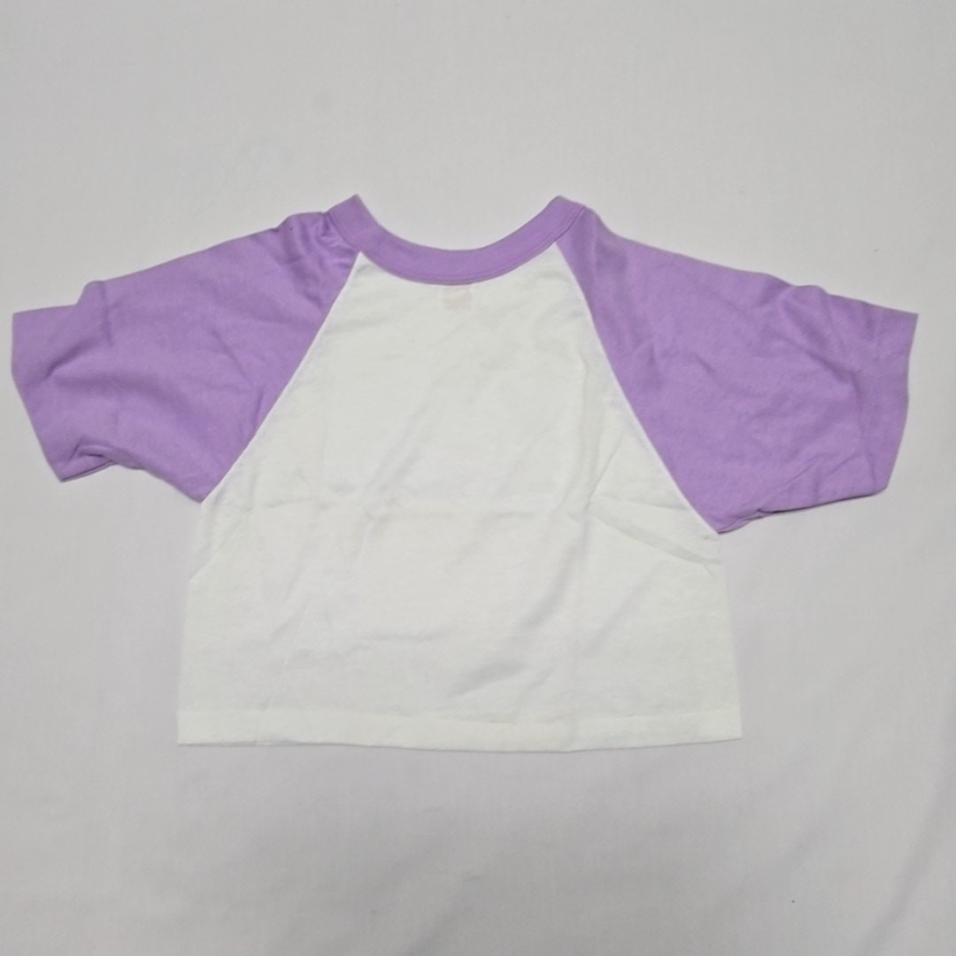 Vintage Raglan Cropped Shirt Purple White Made in USA 80s Womens Small Tee VTG
