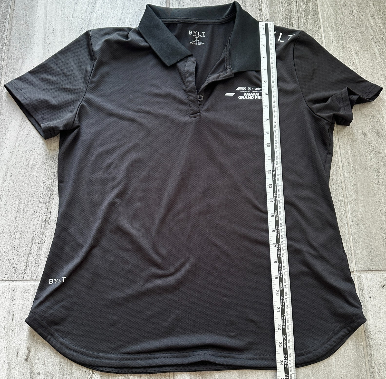 BYLT Premium Basics F1 Miami Grand Prix Polo Women Large Black Performance