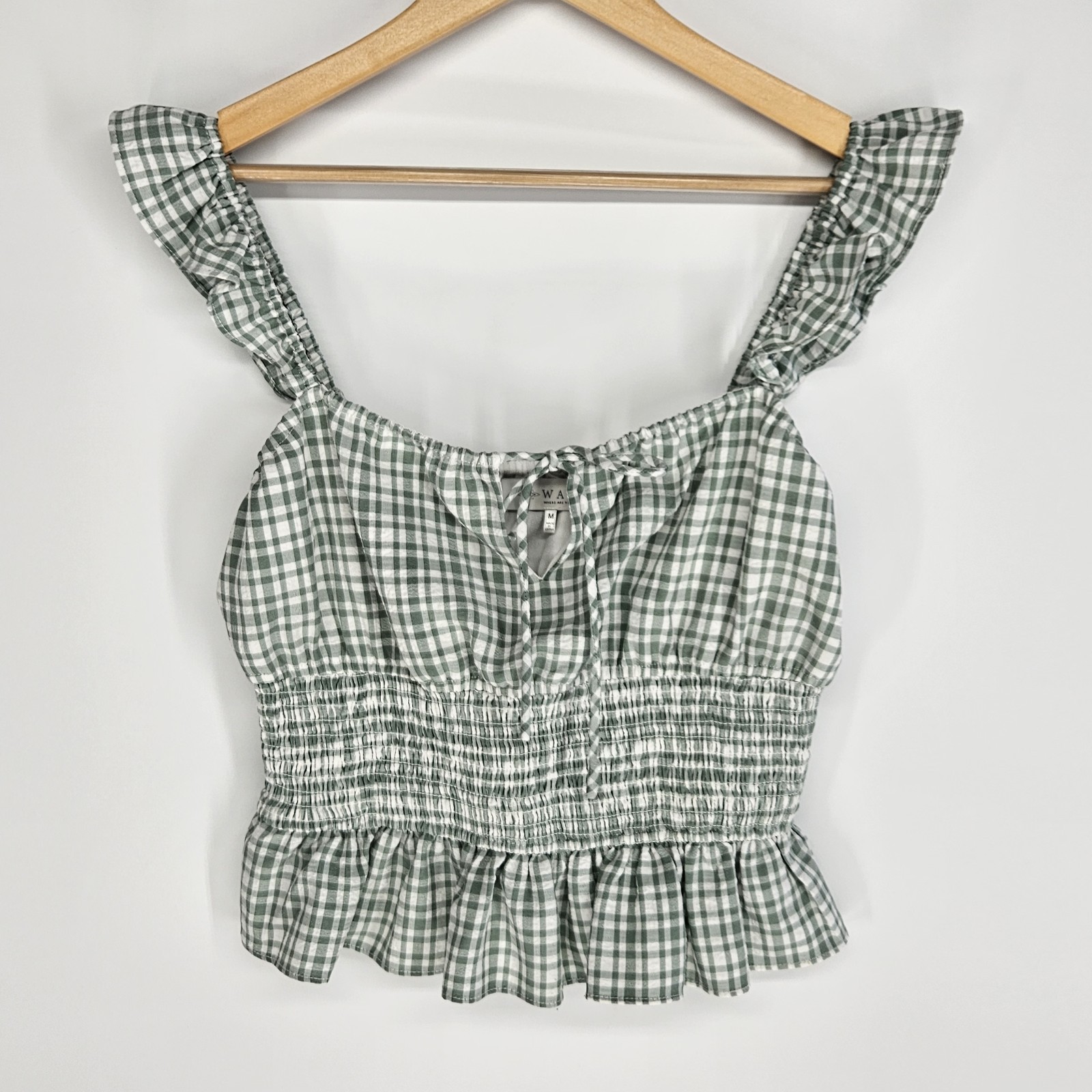 WAYF Medium Smocked Waist Top Green Gingham Check Ruffle Milkmaid Camisole Cami