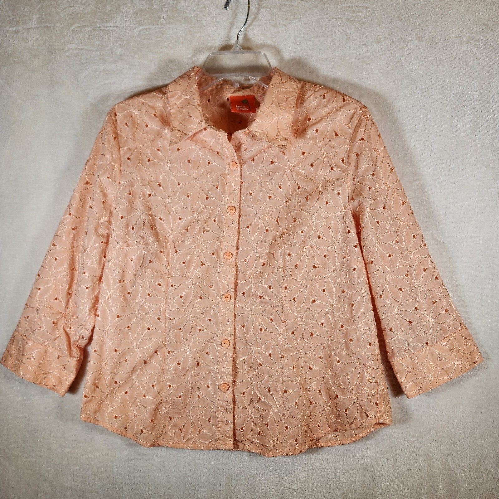 Hearts of Palm Coral Peach Top Floral Hakoba Blouse 3/4 Sleeve Sz 12 Feminine