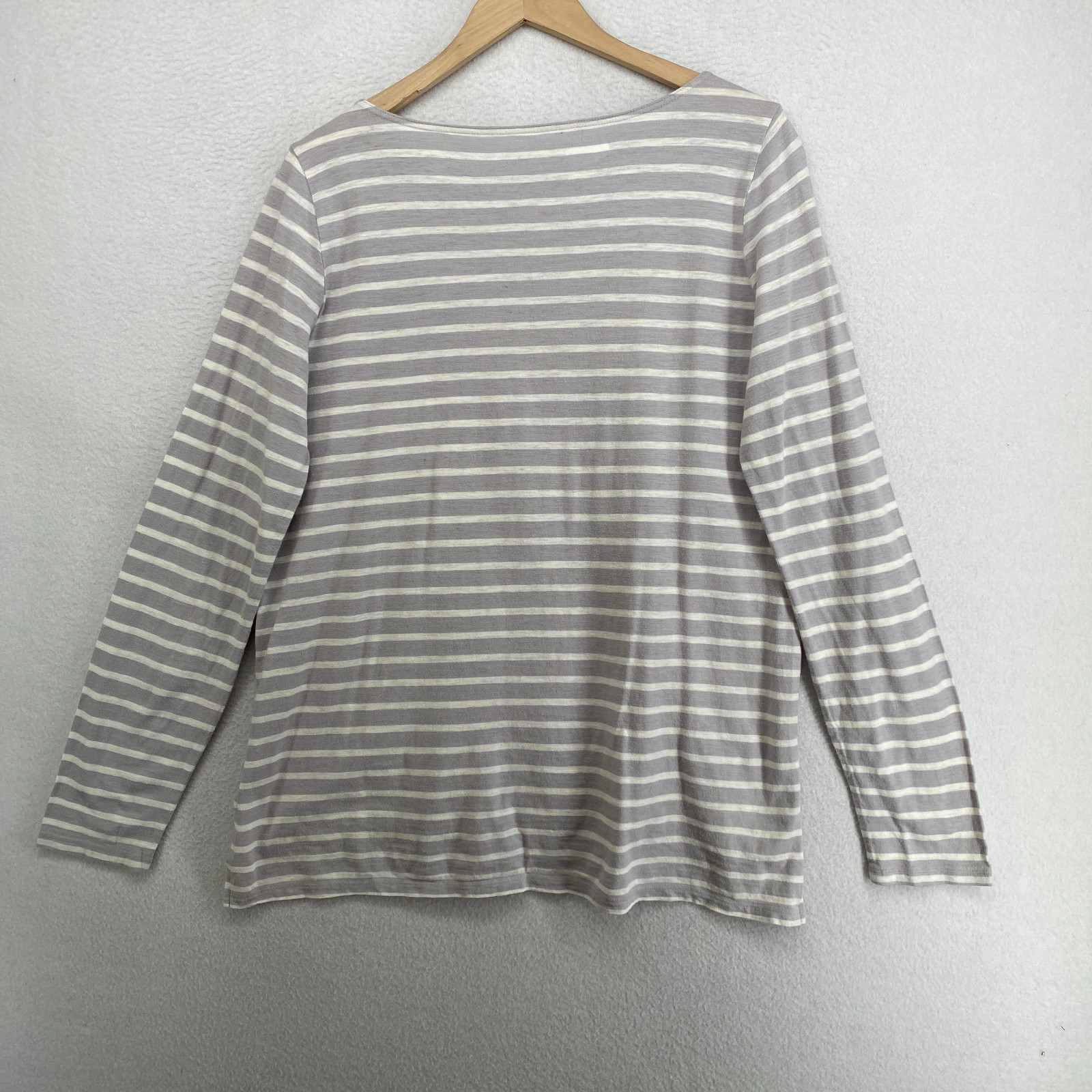 EILEEN FISHER Top L Organic Cotton Jersey Striped Boat Neck Long Sleeve Gray