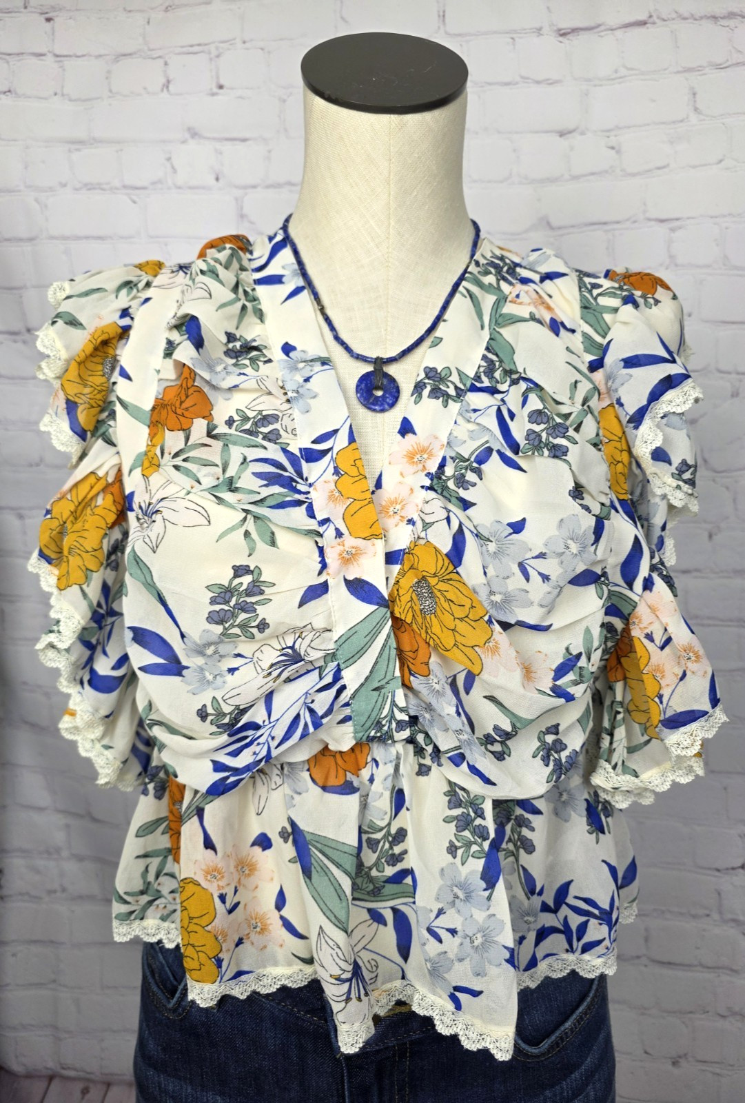 Bae Vely Blouse Floral Lace Ruffles Back Tie Fairy Boho Coquette Cottagecore S