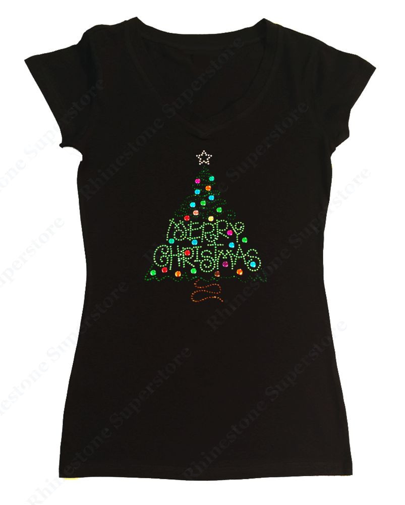 Womens Rhinestone T-shirt ” Merry Christmas Green Tree ” in S, M, L, 1X, 2X, 3X