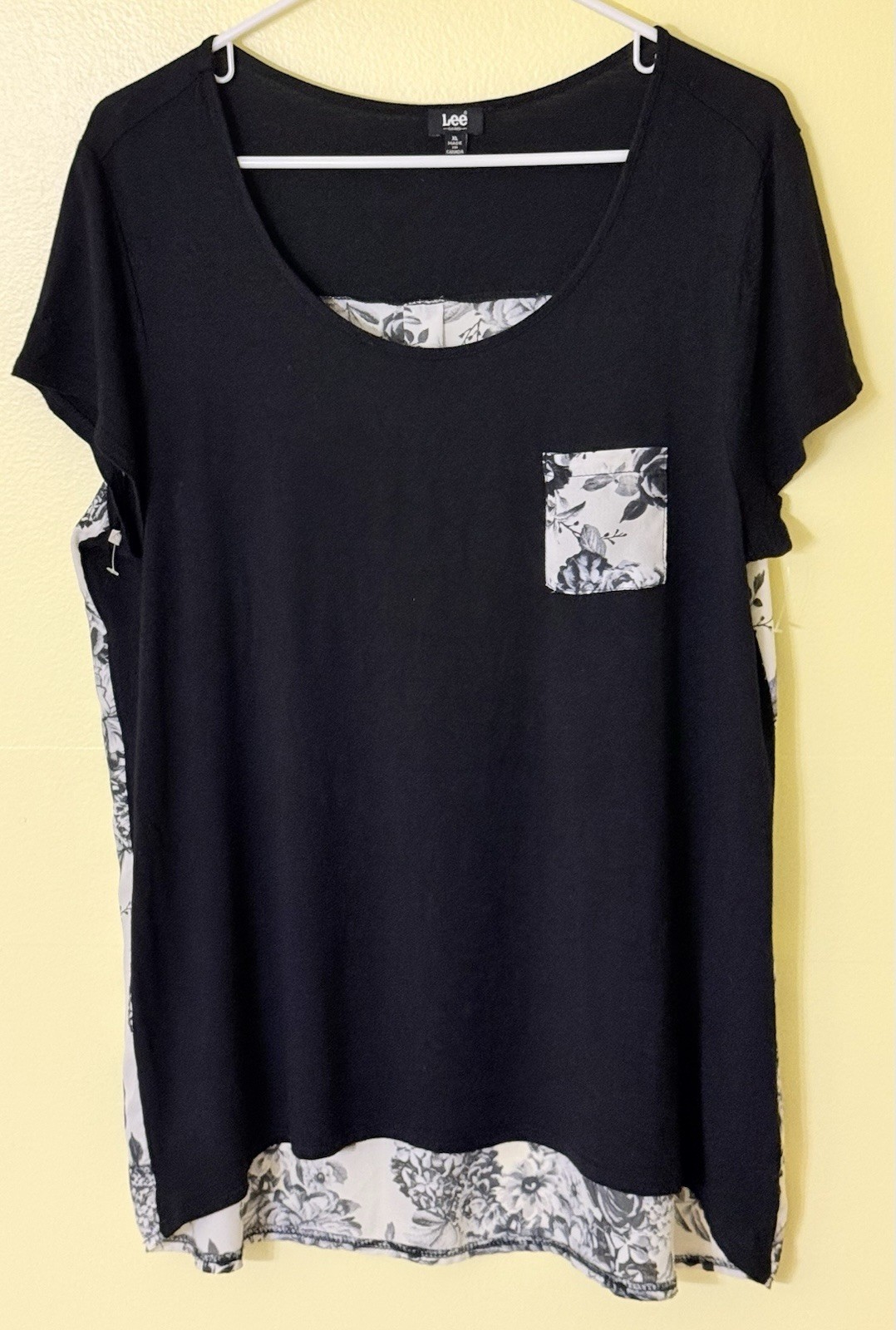 LEE EST 1889 Women’s Short Sleeve Top BLACK FRONT/SHEER WHT FLORAL BACK Size XL