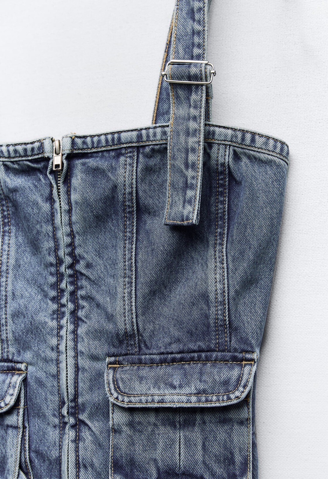 Zara Denim Top, With Square Neckline Adjustable Strap Patch Pocket Small