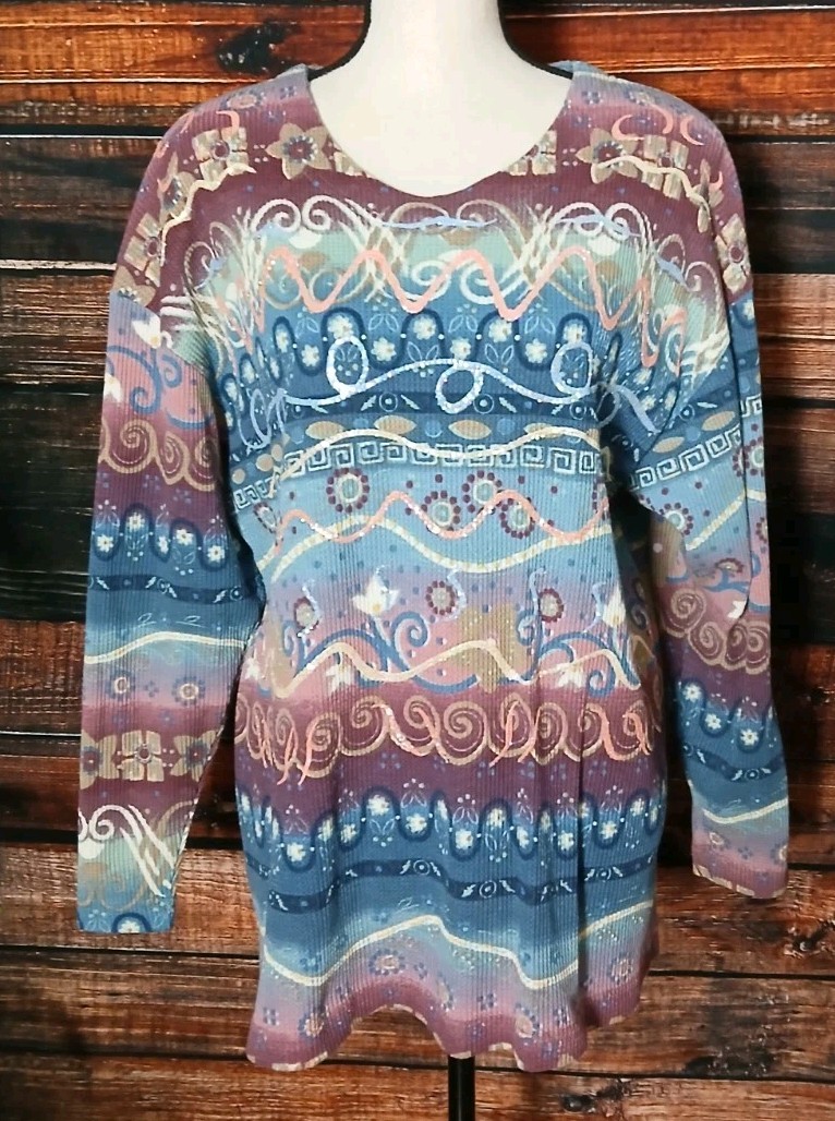 Enchante Sport Top Size M Vintage 80s Oversized Thermal Glitter Art Made In USA