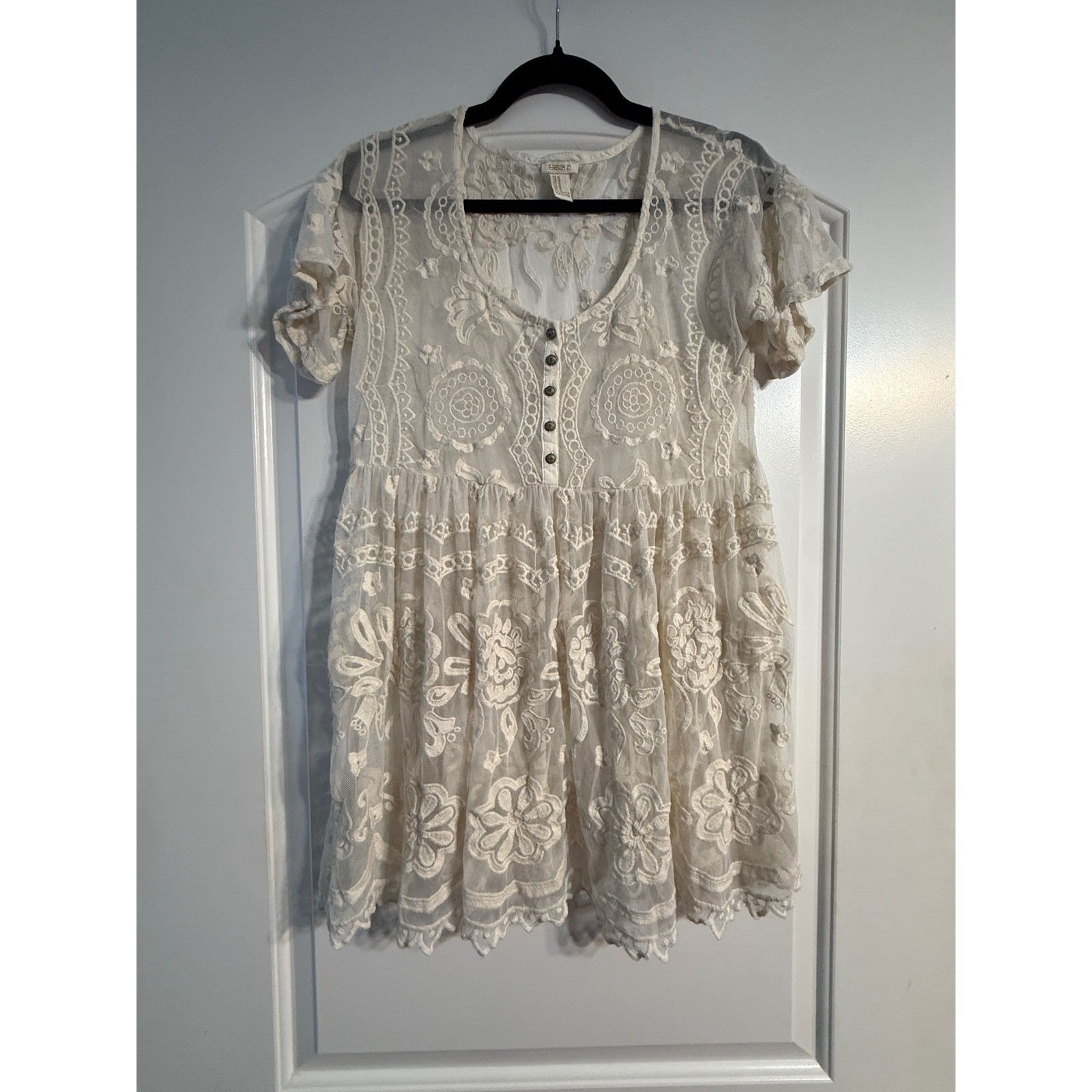 Forever 21 Lace Babydoll Tunic Size M Cream Boho Floral Mesh Festival Fairycore