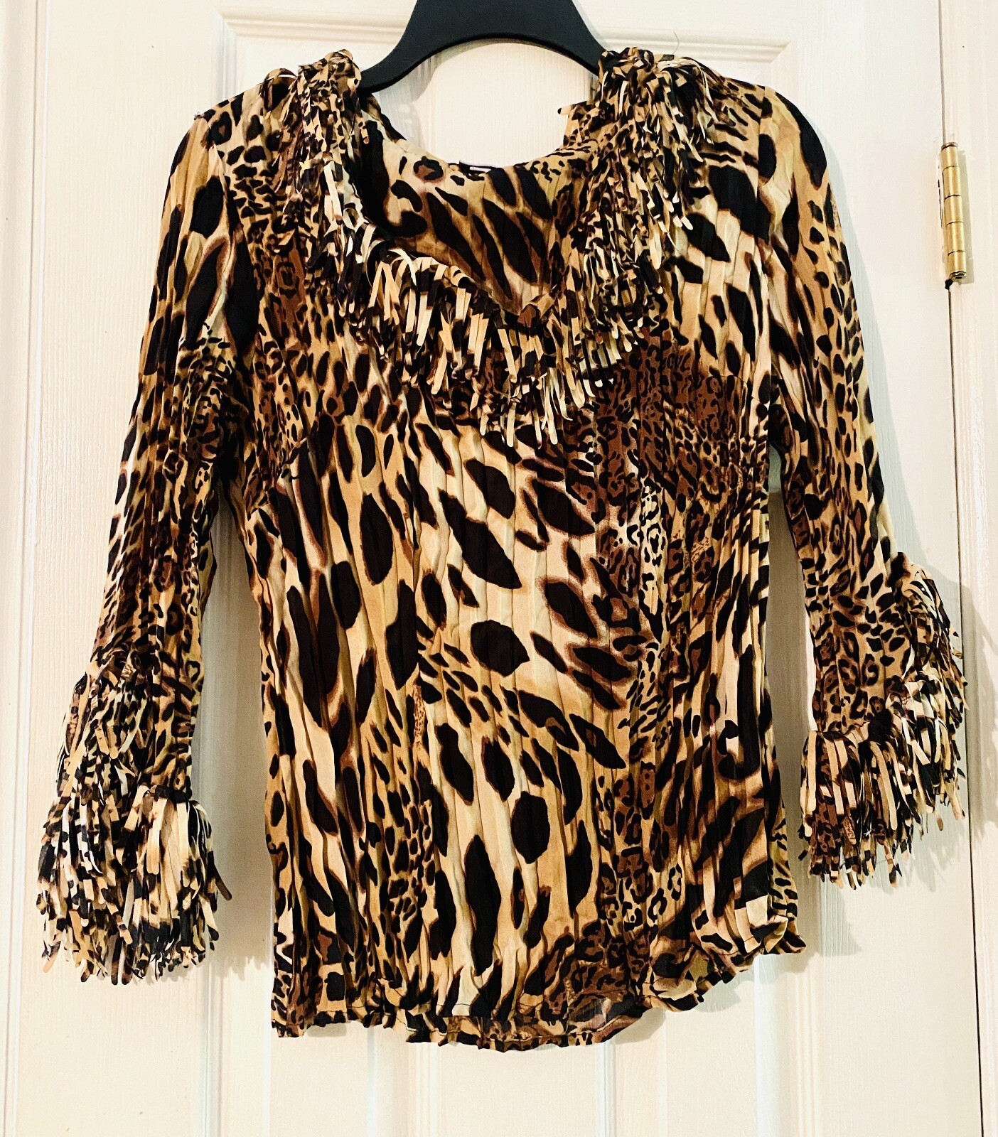 AGORA Fancy Crinkle BrownBlack Leopard PRINT Top 3/4 Sleeve FRINGE Size Medium